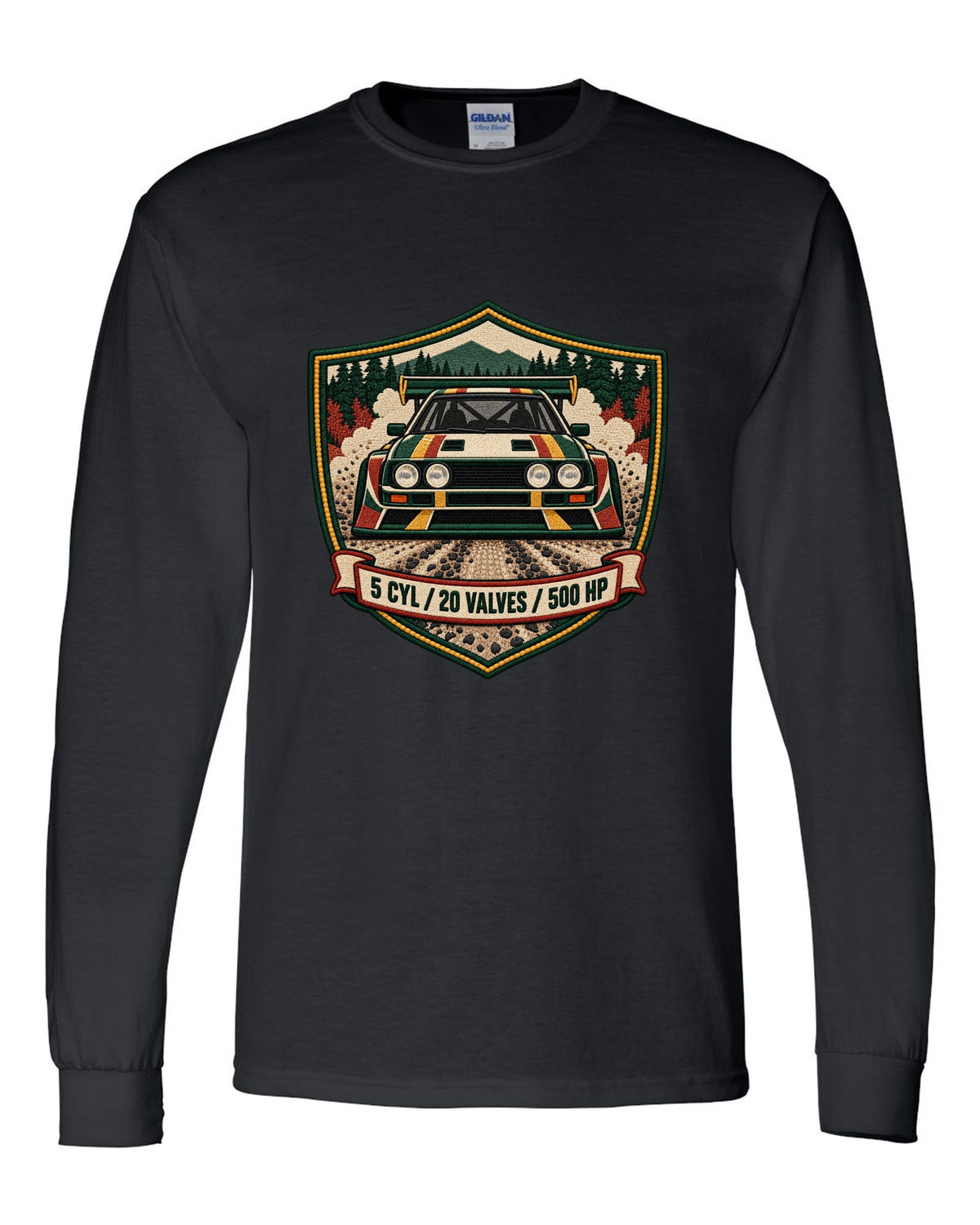 Varsity crest style print of the Audi Sport Quattro S1 E2 with 5 cyl, 20 valves, 500 hp black long sleeve front view with the design