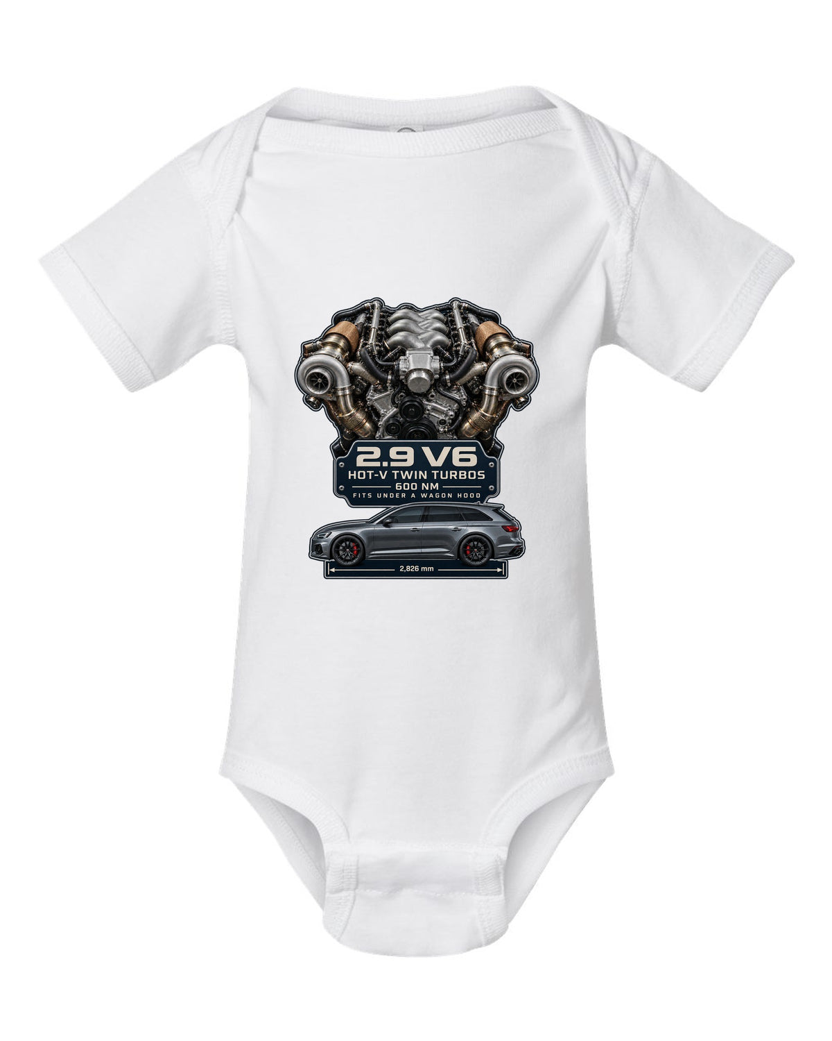 Audi RS4 B9 2.9 TFSI hot-V twin-turbo V6 engine graphic print white baby onesie front view with the design