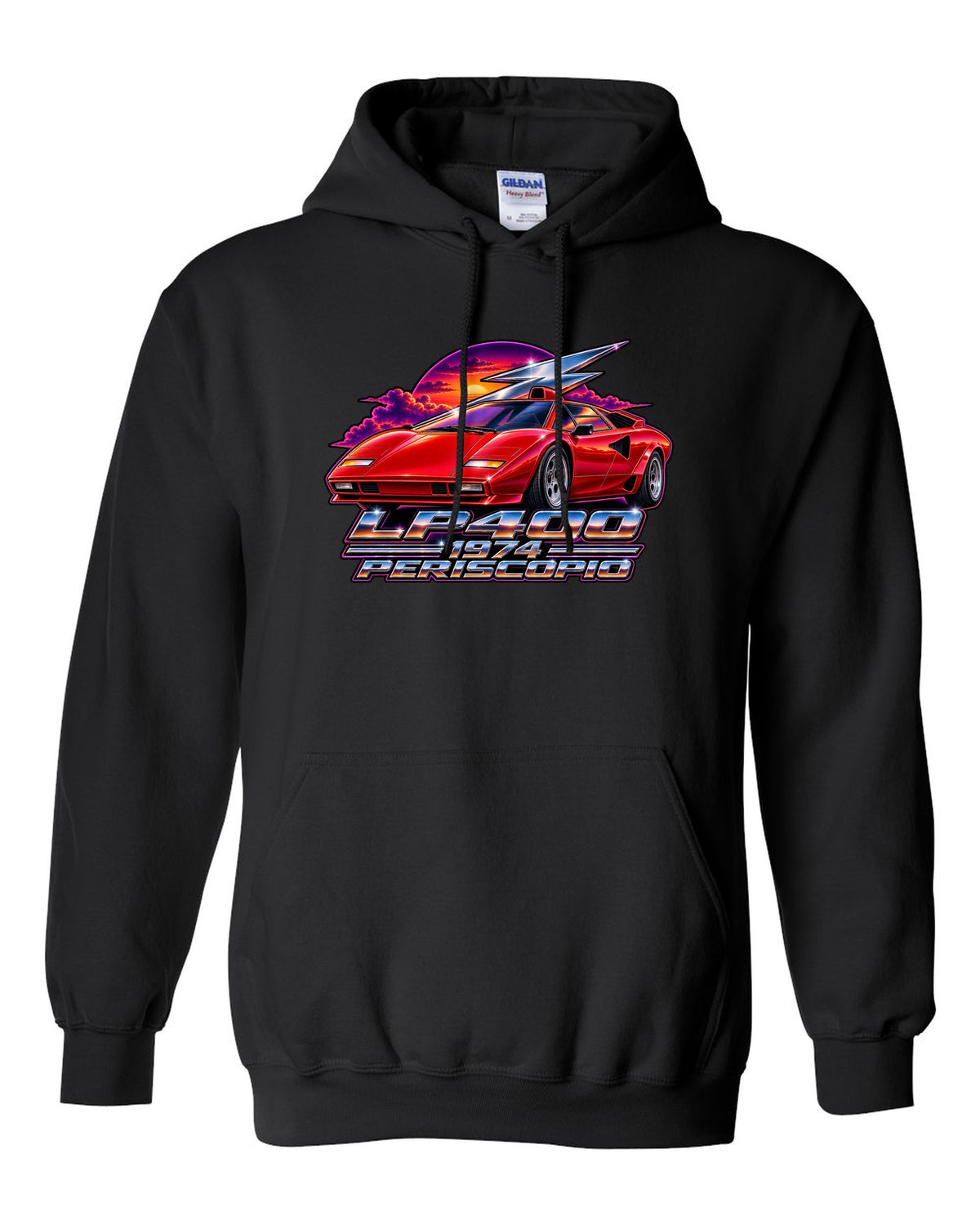 80s airbrush chrome style Lamborghini Countach LP400 with LP400 1974 Periscopio text black pull over hoodie front view with the design
