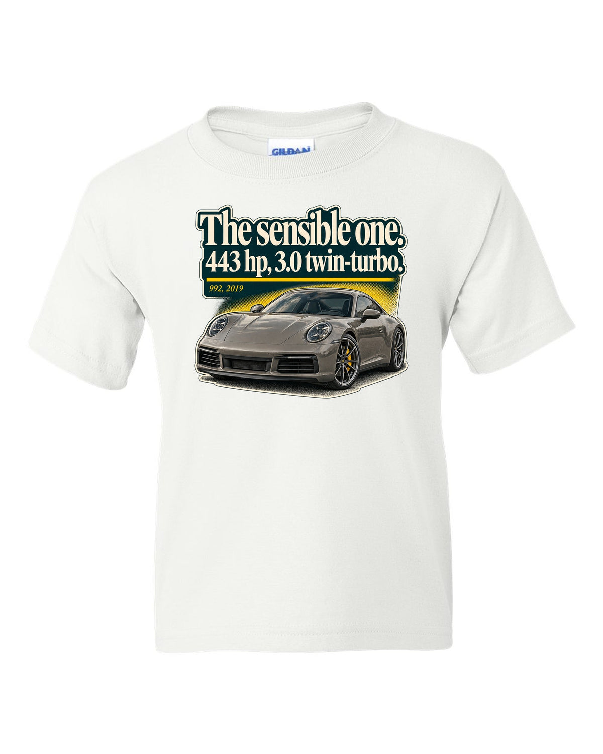 print of a Porsche 992 Carrera S coupe with an editorial headline layout white kids tee front view with the design
