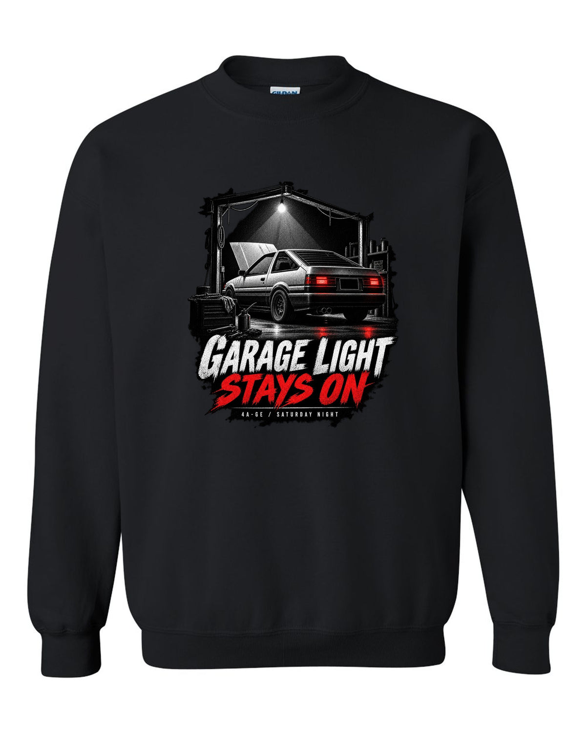 Garage night print of a Toyota AE86 Sprinter Trueno with 4A-GE lettering black crewneck front view with the design