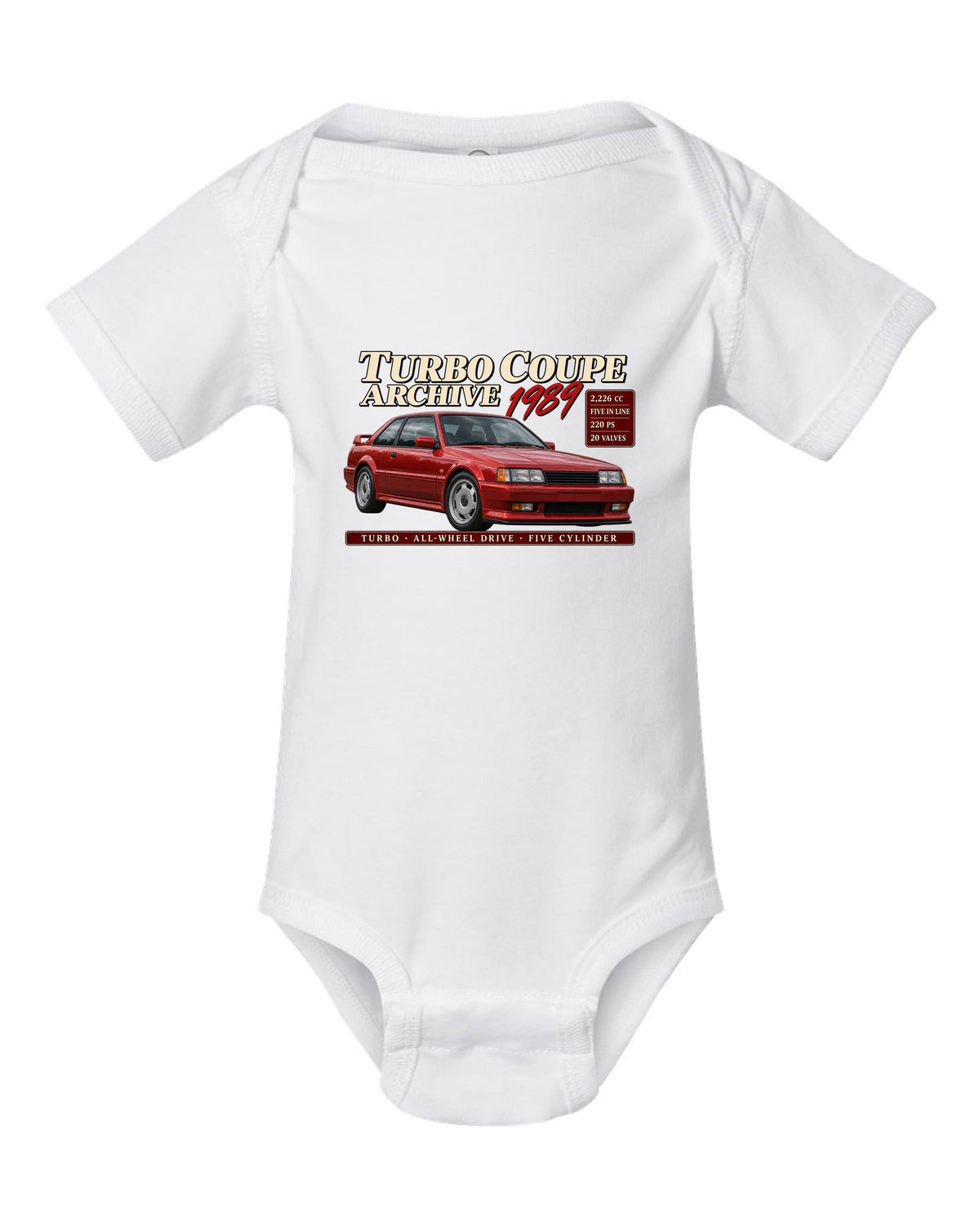 Audi Ur-Quattro 20V 1989 front three-quarter in archive panel with 2,226 cc text white baby onesie front view with the design