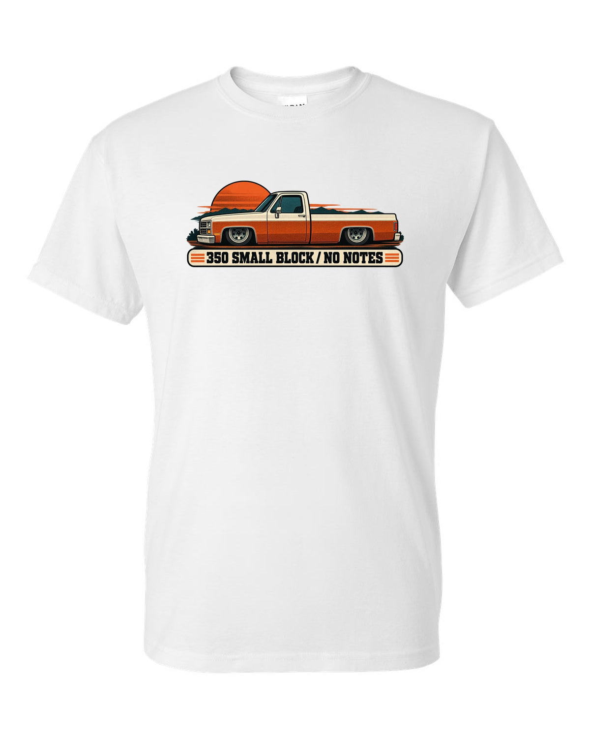 Retro two-colour halftone print of a dropped Chevrolet C10 Squarebody at dusk with 350 small block text white t-shirt front view with the design