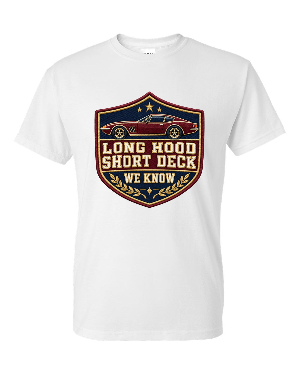 Embroidery varsity crest print for a Hyundai Genesis Coupe BK2 with long hood short deck text white t-shirt front view with the design