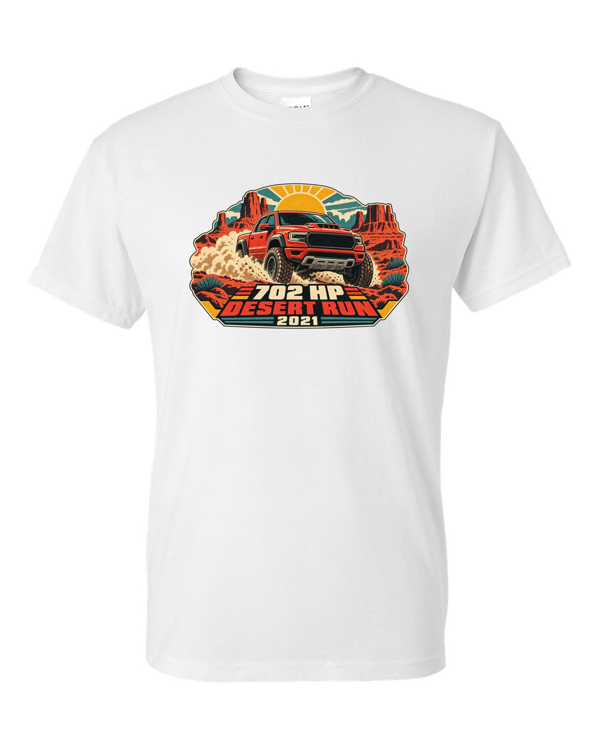 Vintage desert race poster print of a 2021 Ram 1500 TRX with 702 HP text white t-shirt front view with the design