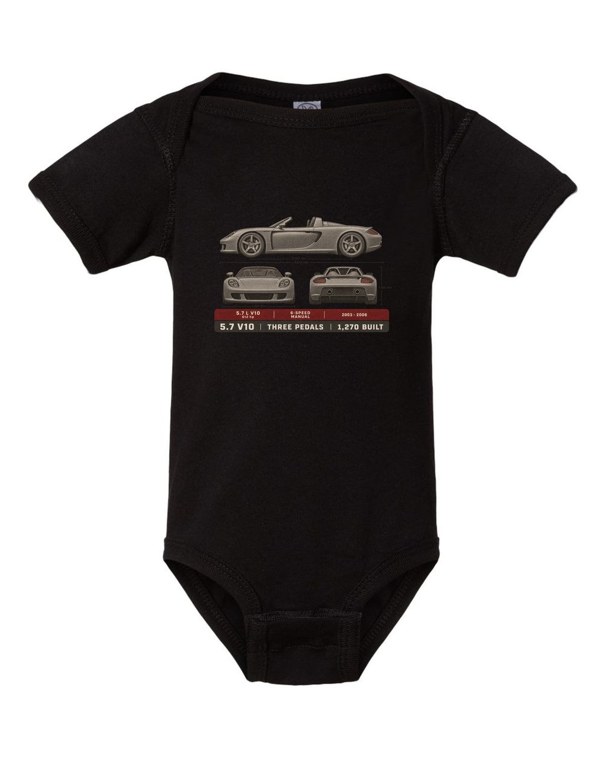 Porsche Carrera GT three-view and spec table print design black baby onesie front view with the design