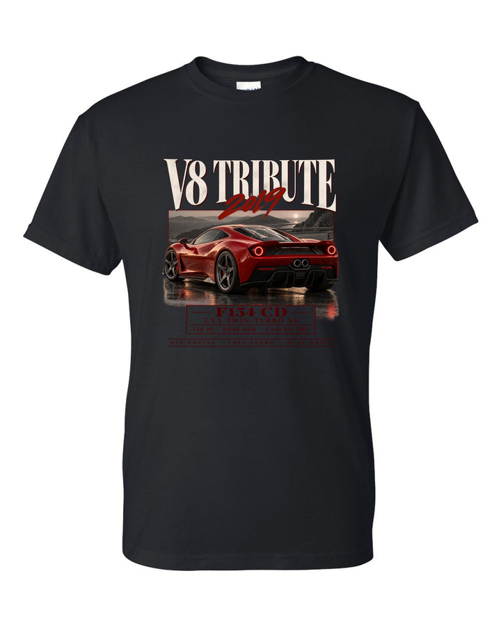 Archive panel print of a Ferrari F8 Tributo listing 3.9 L twin-turbo V8, 720 PS and 1,330 kg dry black t-shirt front view with the design