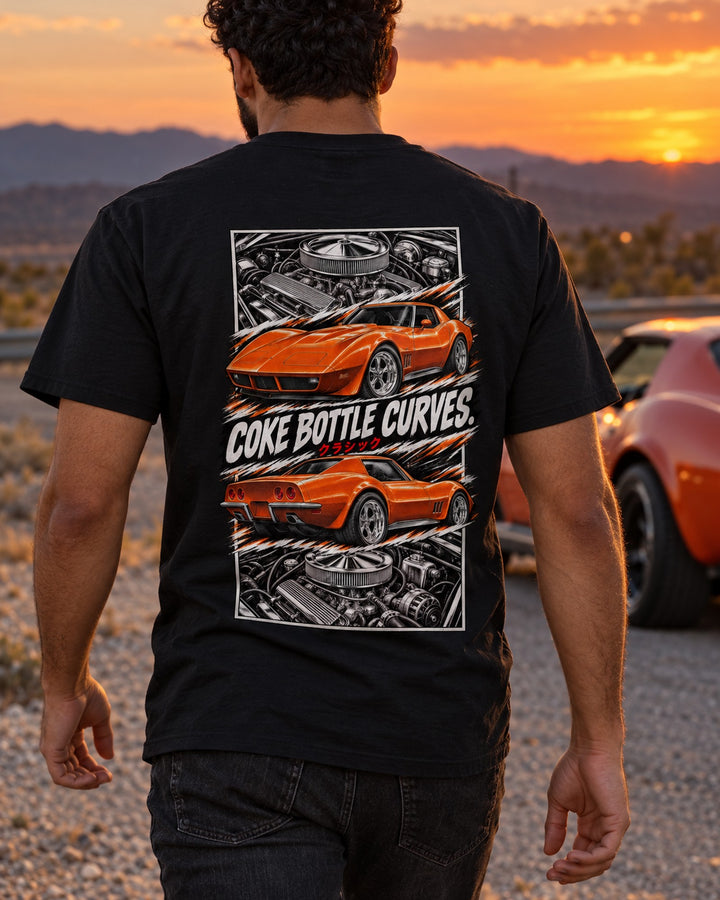 Corvette C3 Torn Poster Full-Back Graphic Tee T-Shirt Black worn hero