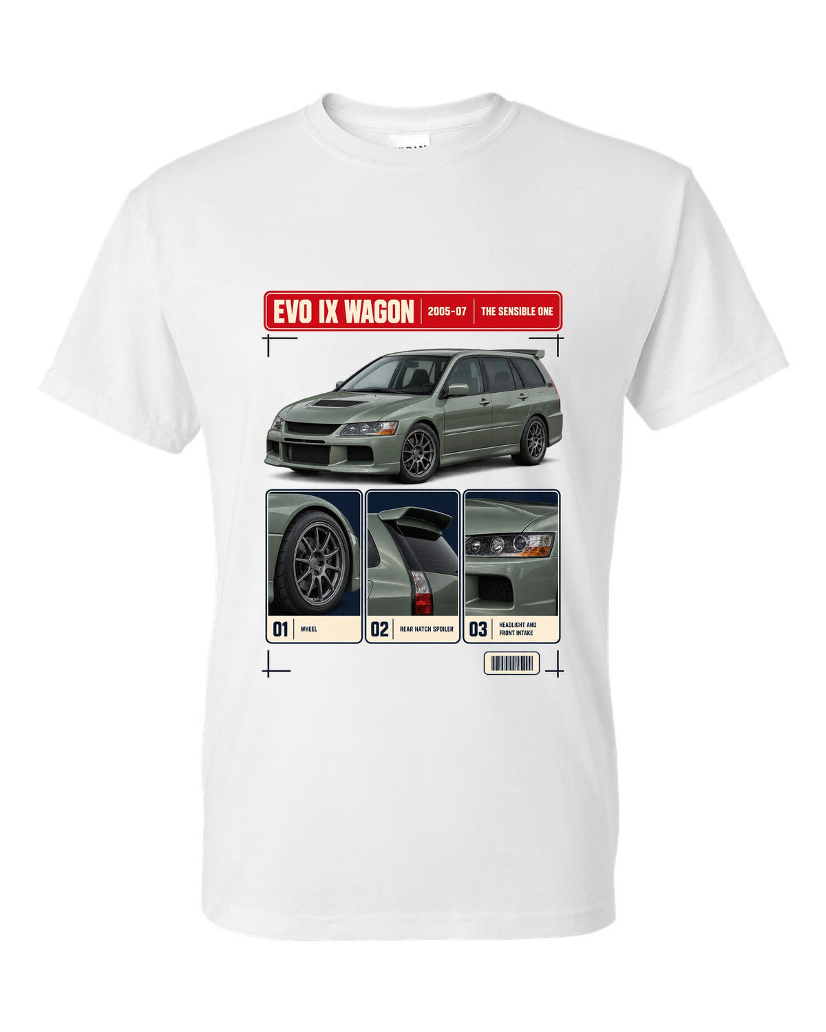 Mitsubishi Lancer Evolution IX Wagon GT three-quarter dossier panel print white t-shirt front view with the design