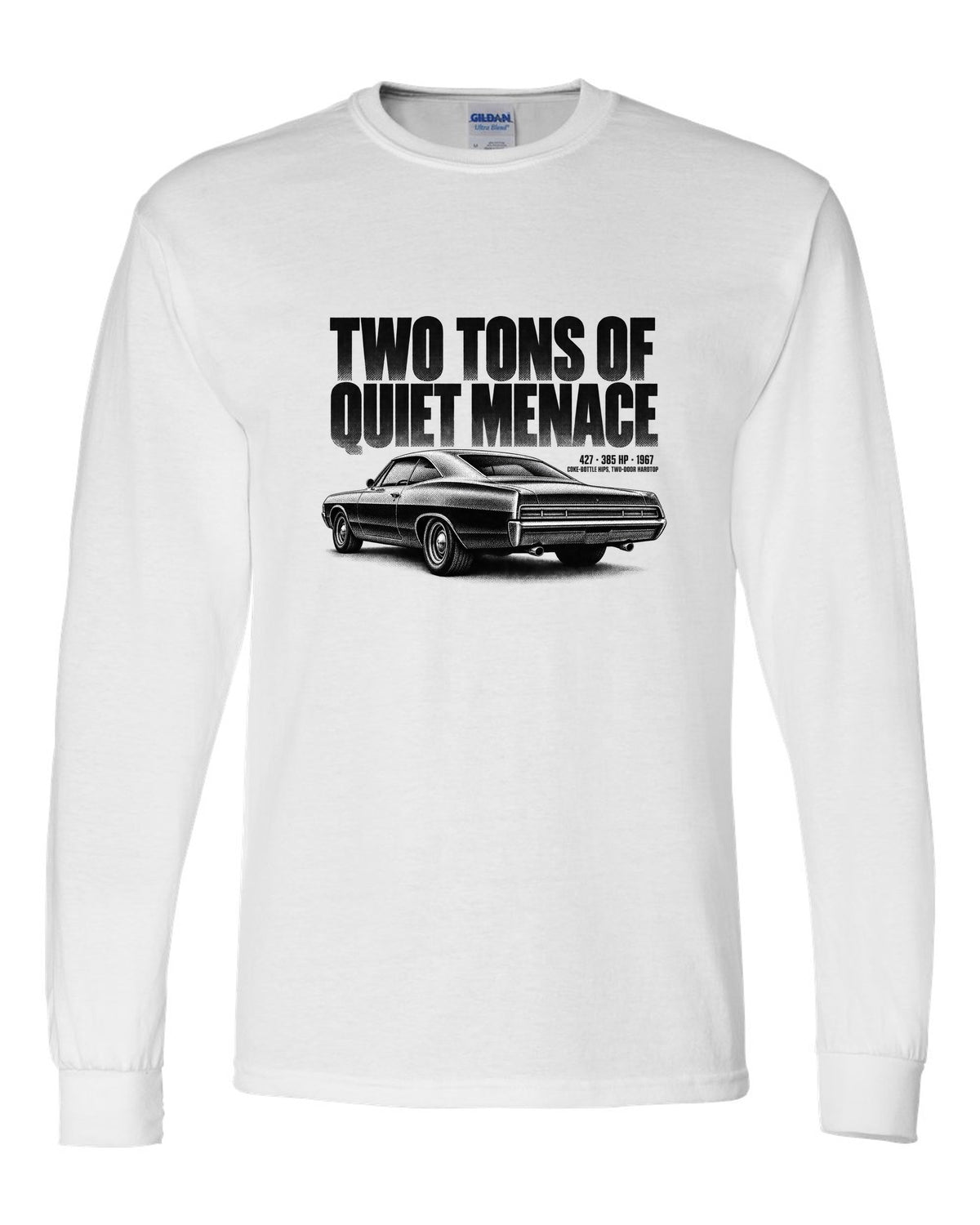 1967 Impala SS 427 two-door hardtop halftone print with 385 HP text white long sleeve front view with the design