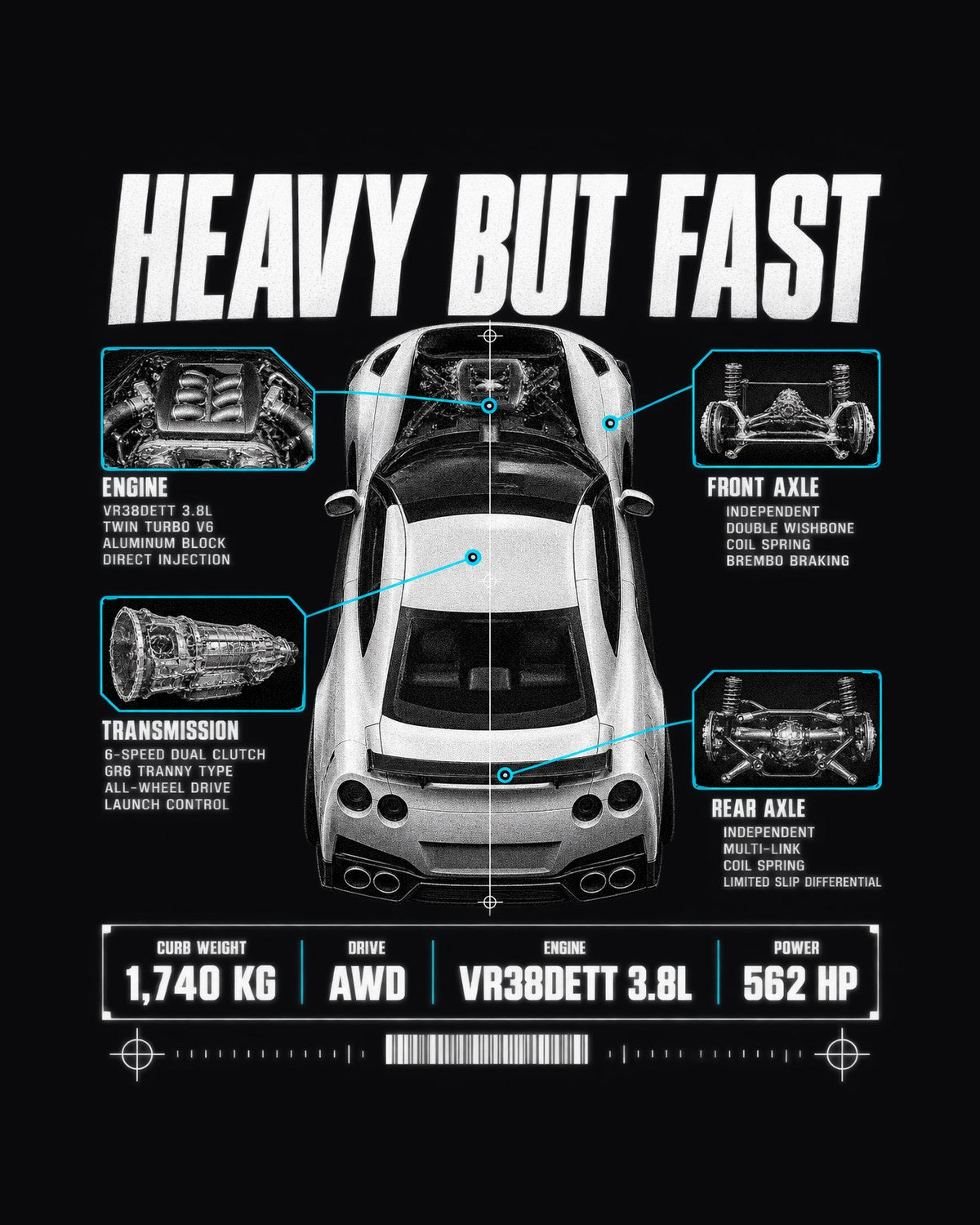 Nissan GT-R R35 Heavy But Fast Spec Poster Tee, VR38DETT design only