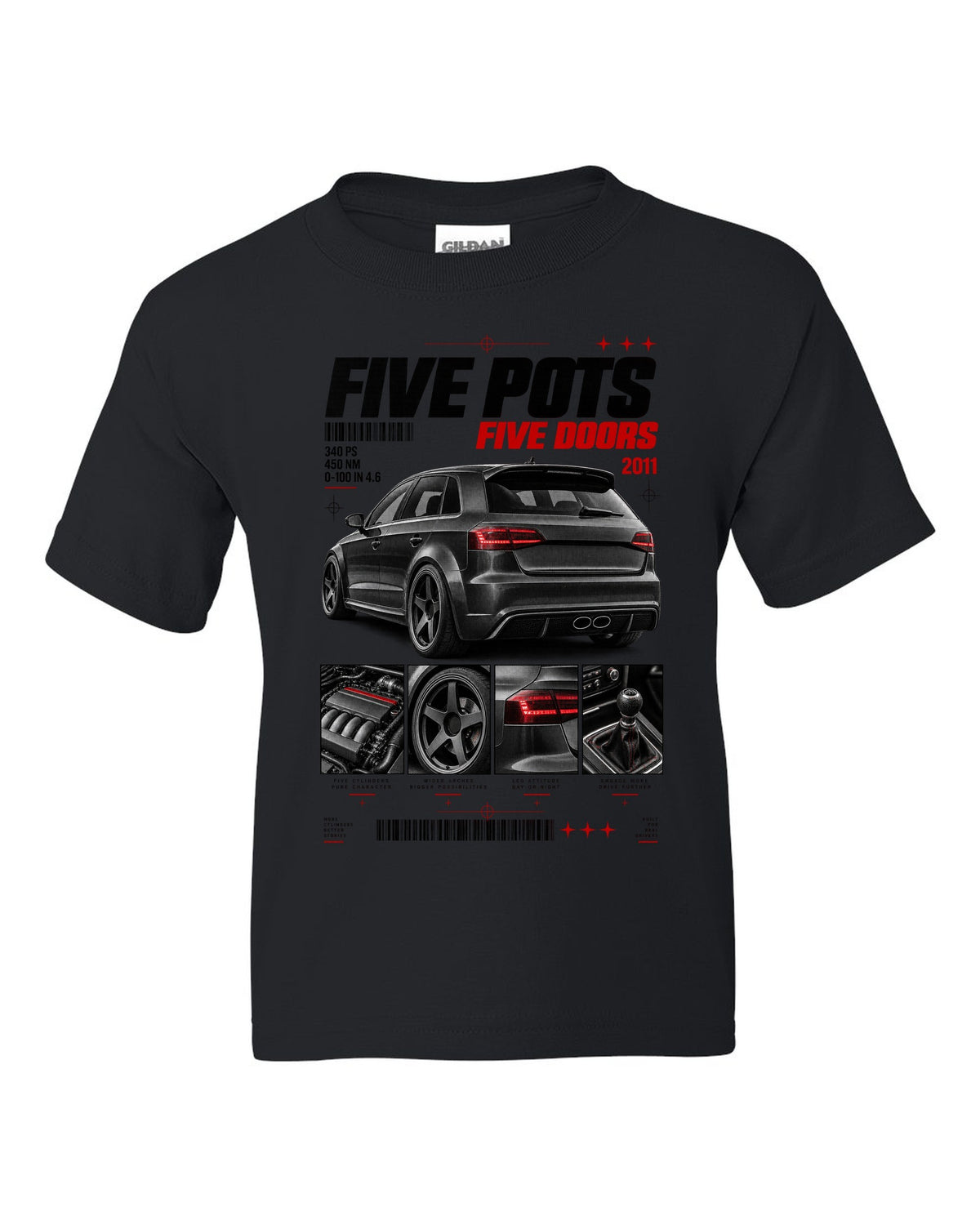 Audi RS3 Sportback 8P rear three-quarter in dossier panels with five pots text black kids tee front view with the design