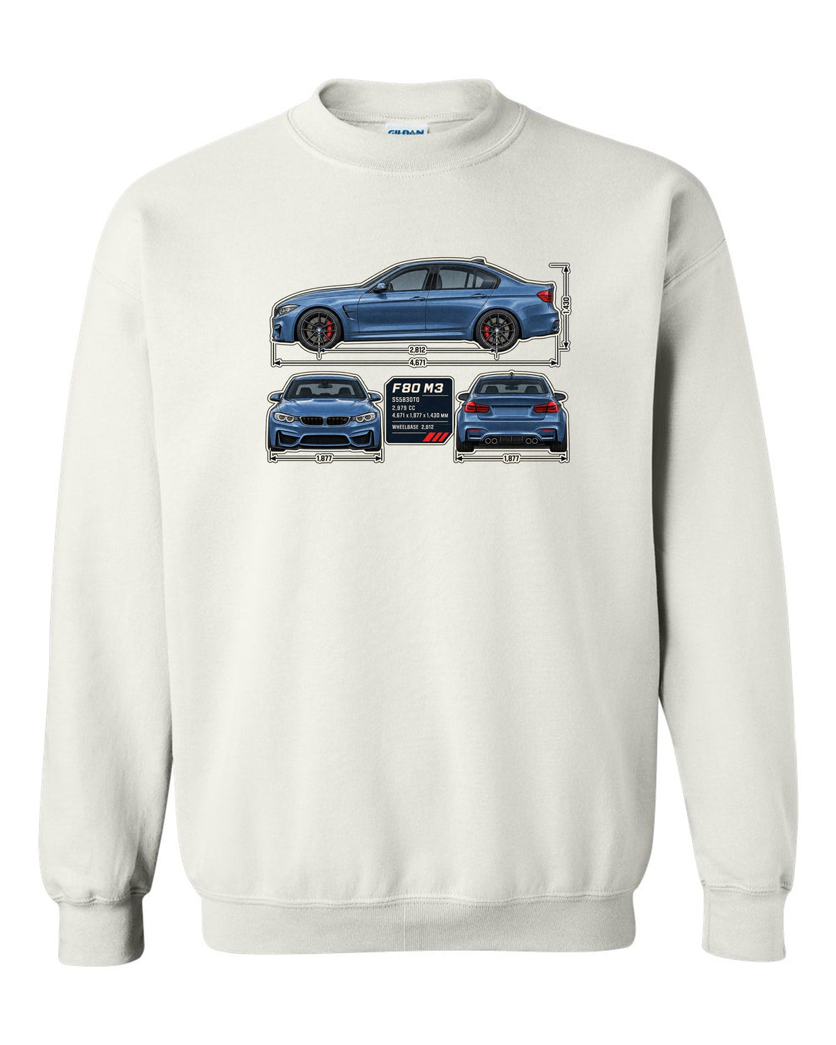 BMW M3 F80 dimension blueprint print with measurements white crewneck front view with the design