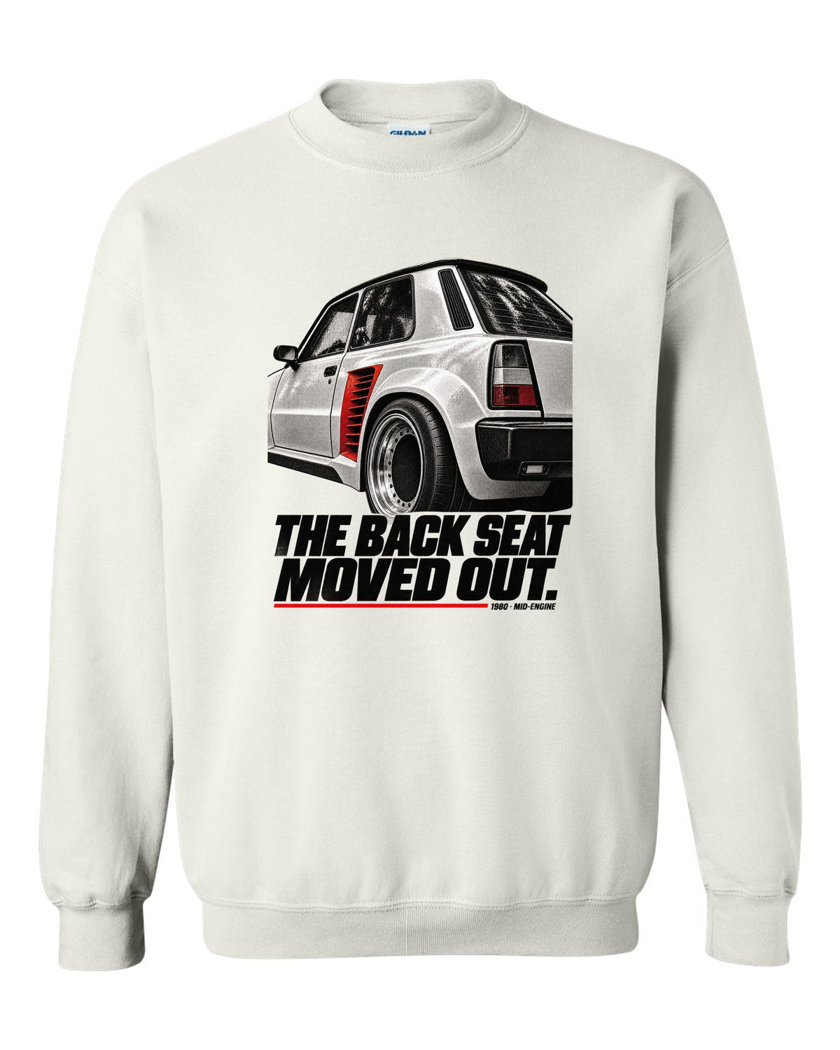 Renault 5 Turbo rear detail macro print with back seat caption white crewneck front view with the design