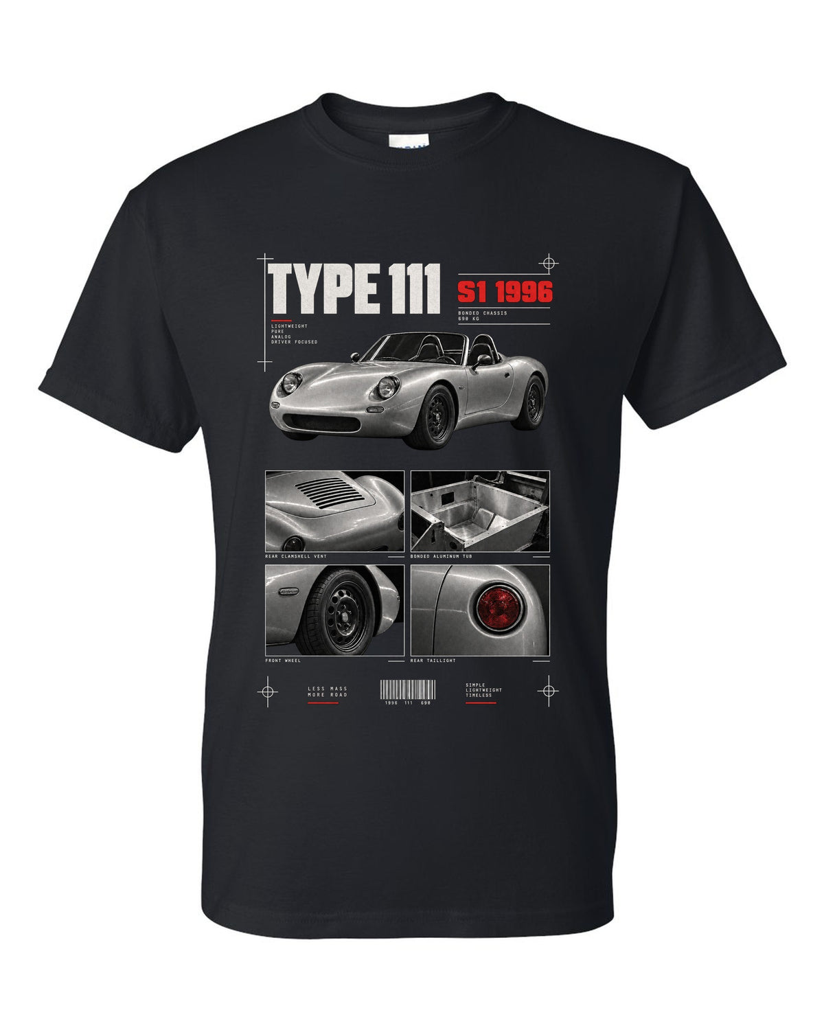 Dossier panel print of a 1996 Lotus Elise S1 Type 111 with bonded aluminium chassis black t-shirt front view with the design