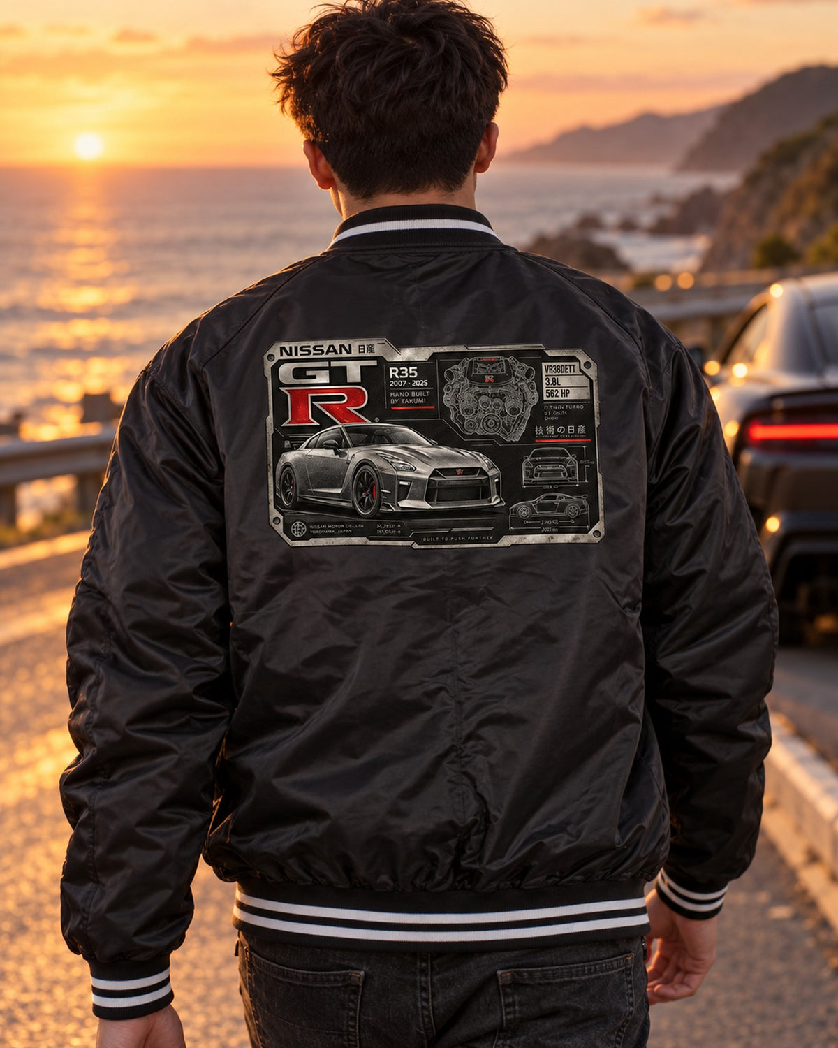 Nissan GT-R R35 VR38DETT Spec Plate print Shirt Bomber Jacket Black worn hero