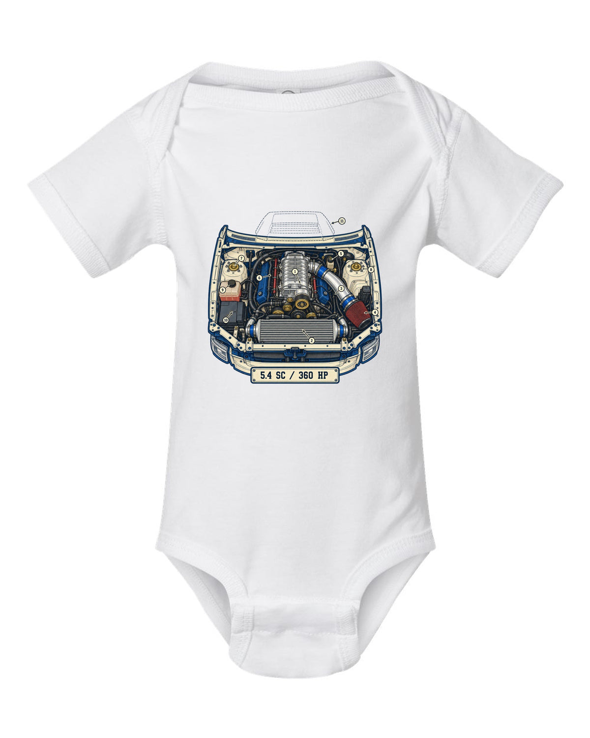 Ford F-150 SVT Lightning second generation as a patent-style technical drawing white baby onesie front view with the design