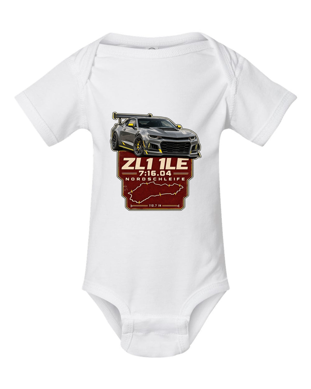 Lap time poster print of a Chevrolet Camaro ZL1 1LE white baby onesie front view with the design