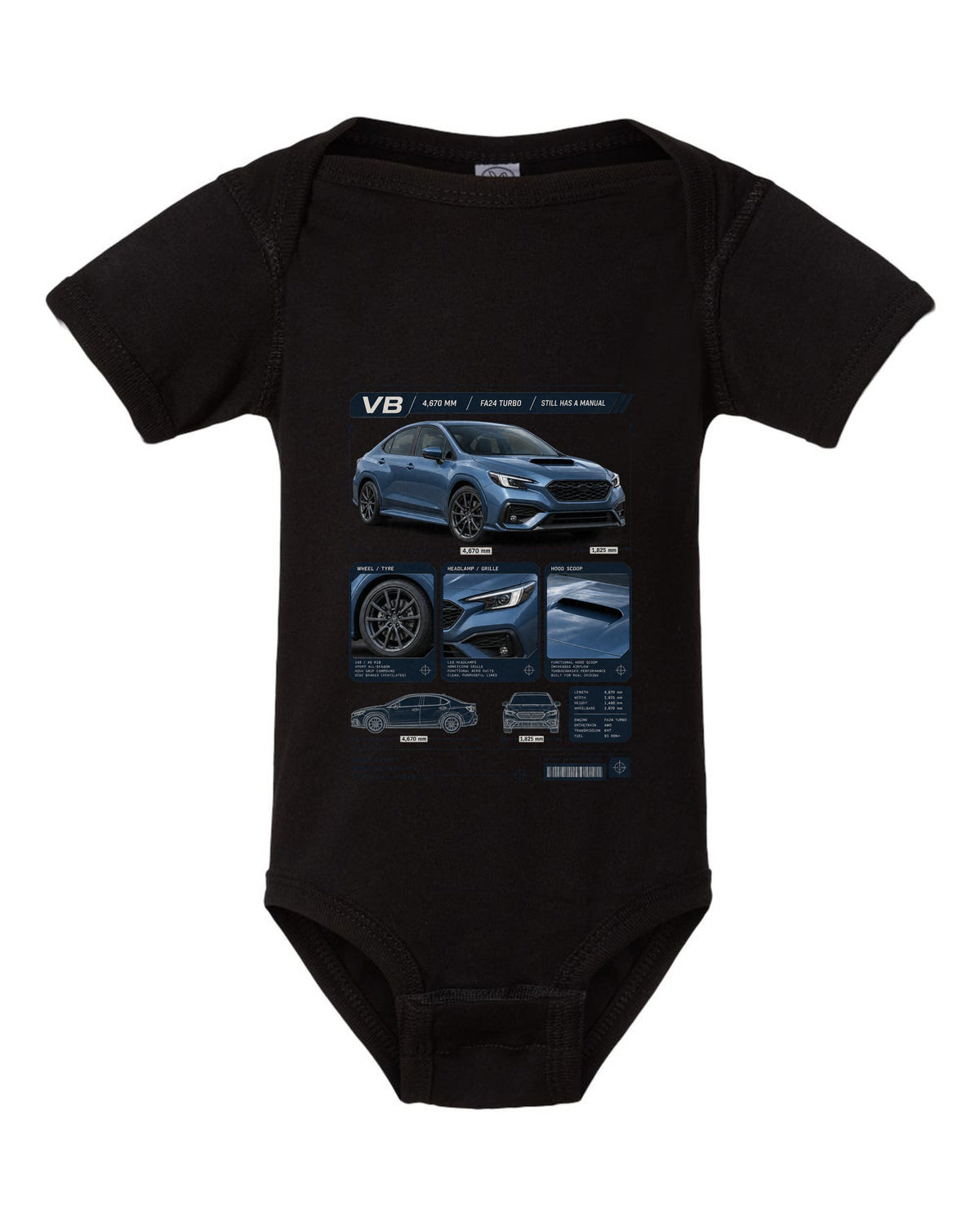 Dossier-style panel layout of a Subaru WRX VB sedan with GT and TR detail panels black baby onesie front view with the design