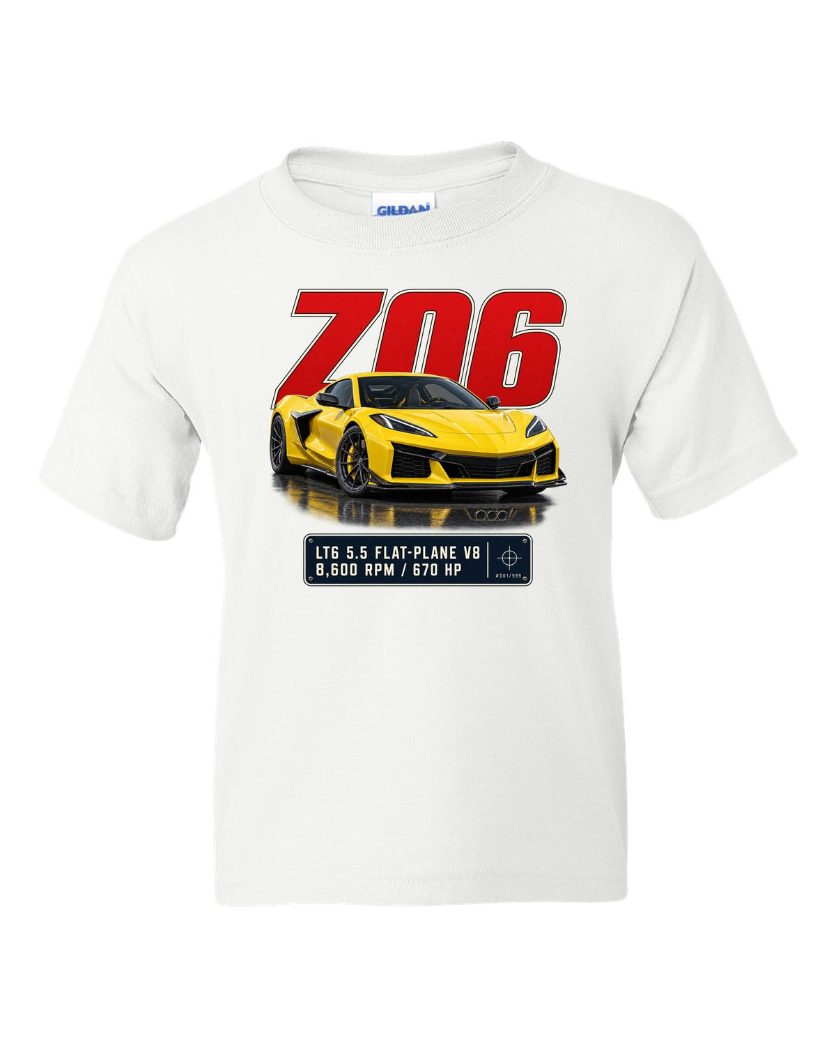 Editorial headline print of a yellow Chevrolet Corvette C8 Z06 white kids tee front view with the design