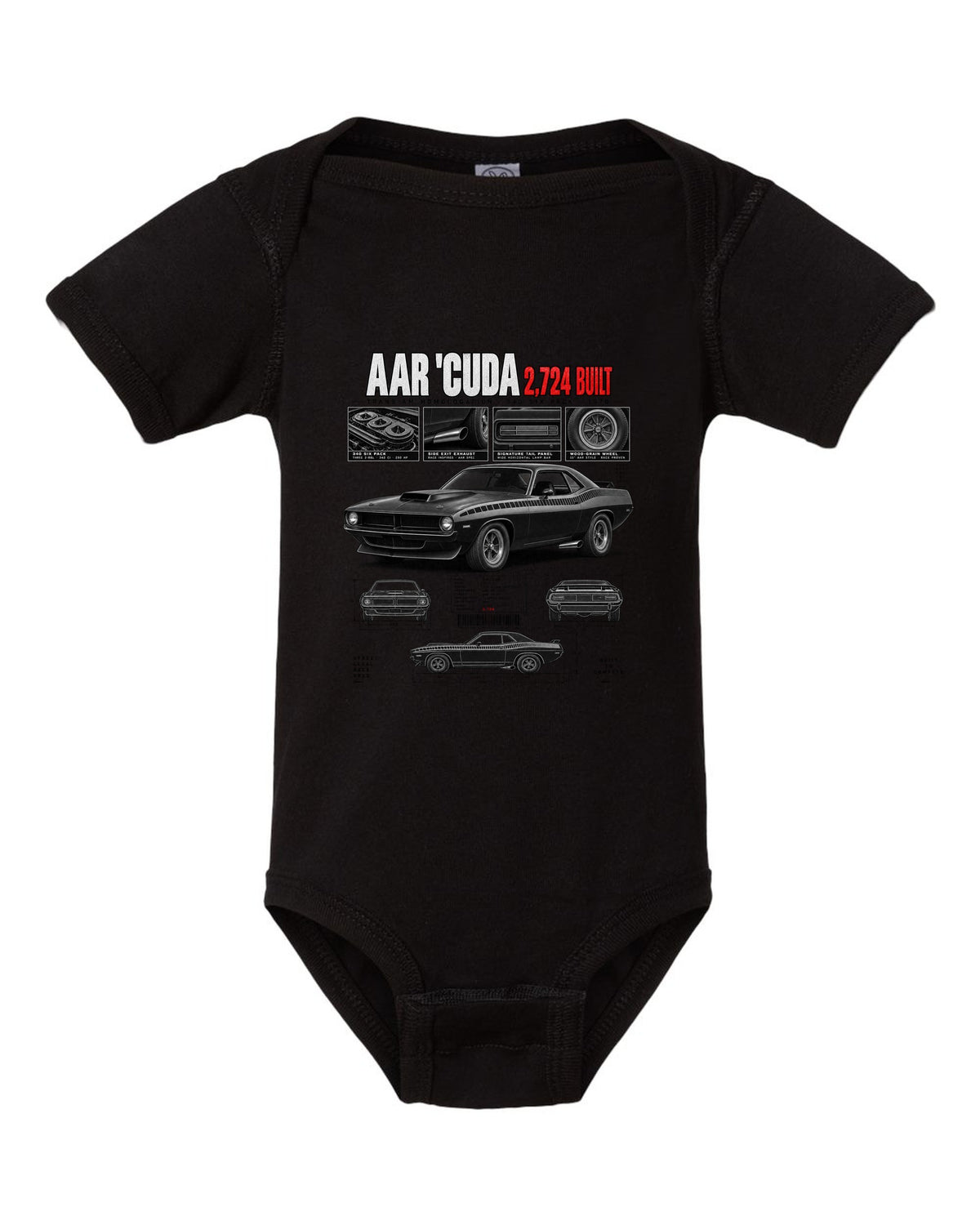 1970 Plymouth AAR Cuda E-body Dossier, 2,724 Built Tee black baby onesie front view with the design