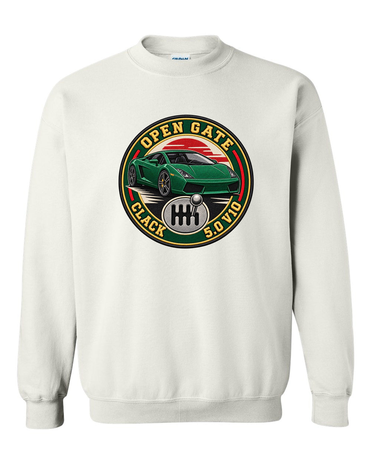 Embroidery-style crest of a Lamborghini Gallardo open-gate six-speed manual with V10 text white crewneck front view with the design