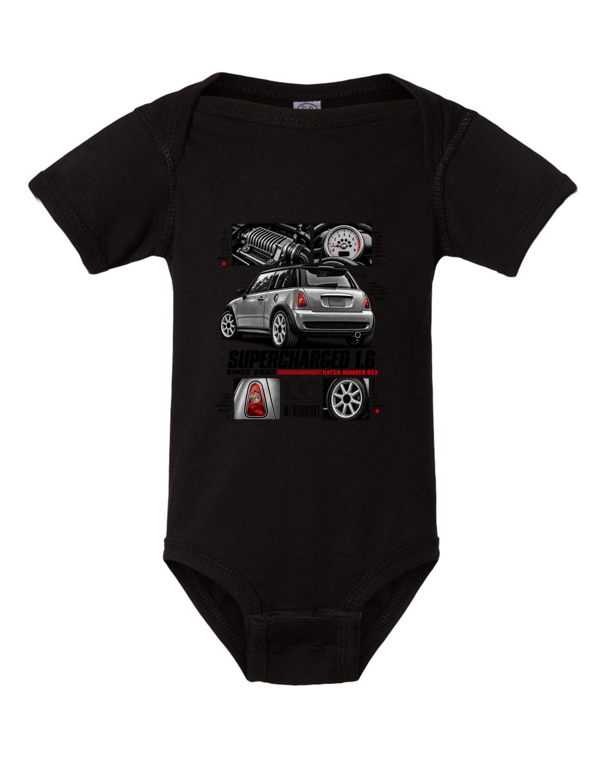 print of a Mini Cooper S R53 rear three-quarter view with detail panels and supercharged 1.6 text black baby onesie front view with the design