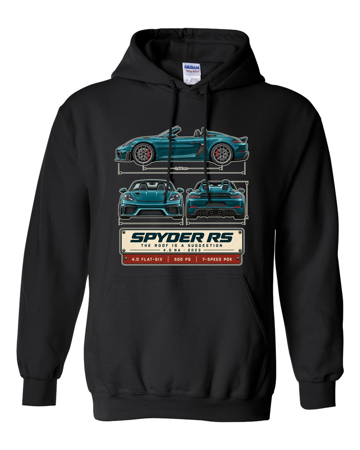 Three-view spec print of a Porsche 718 Spyder RS 982 black pull over hoodie front view with the design