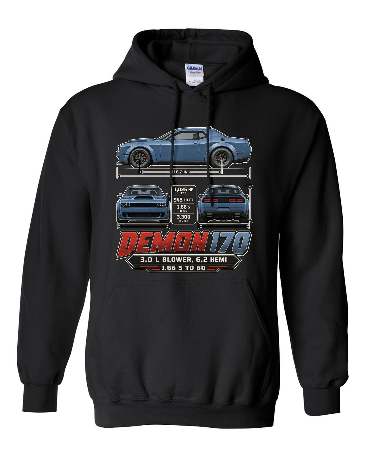 Dodge Challenger SRT Demon 170 dimension blueprint print black pull over hoodie front view with the design