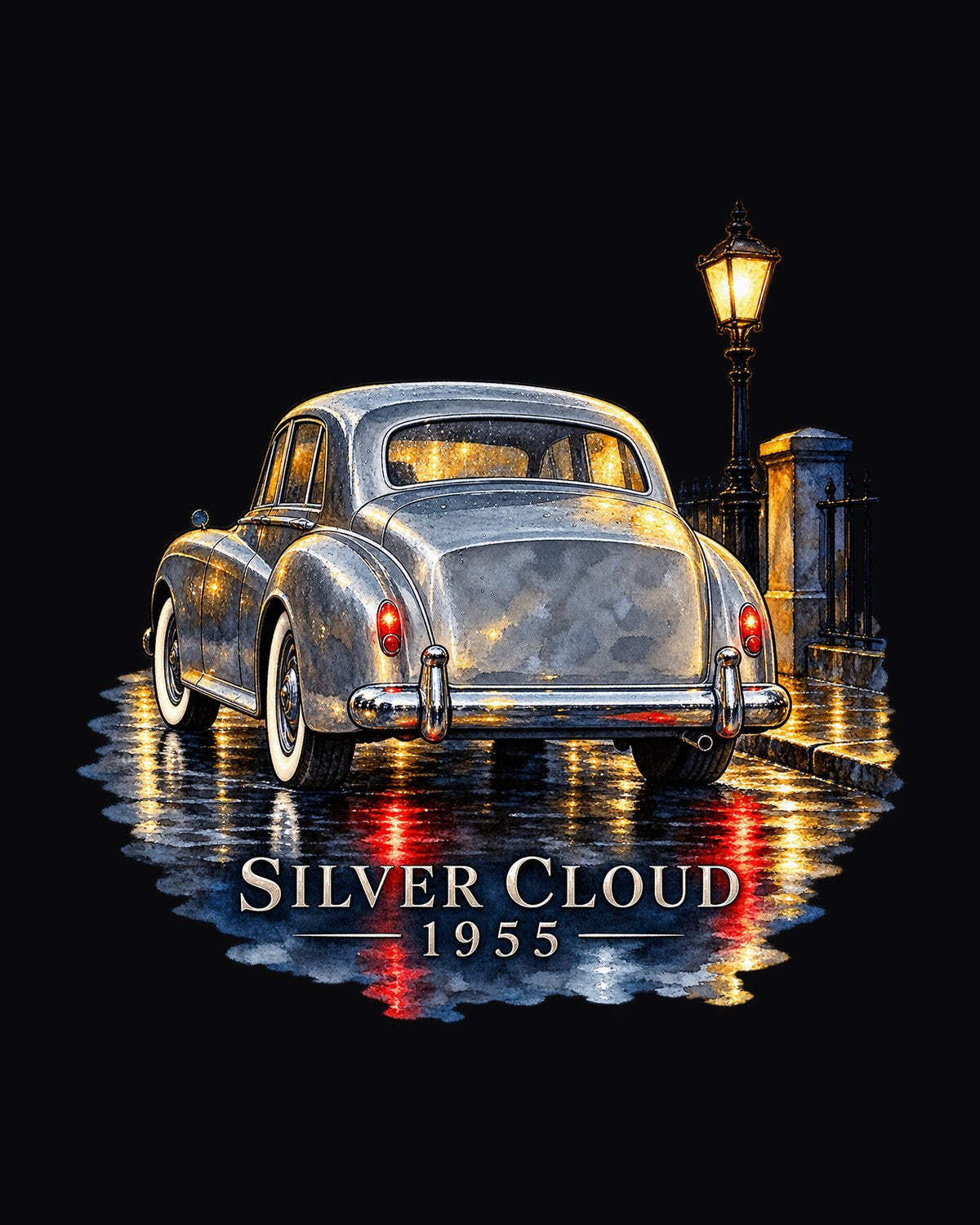 Rolls-Royce Silver Cloud 1955 Rainy Night Watercolour Shirt design only