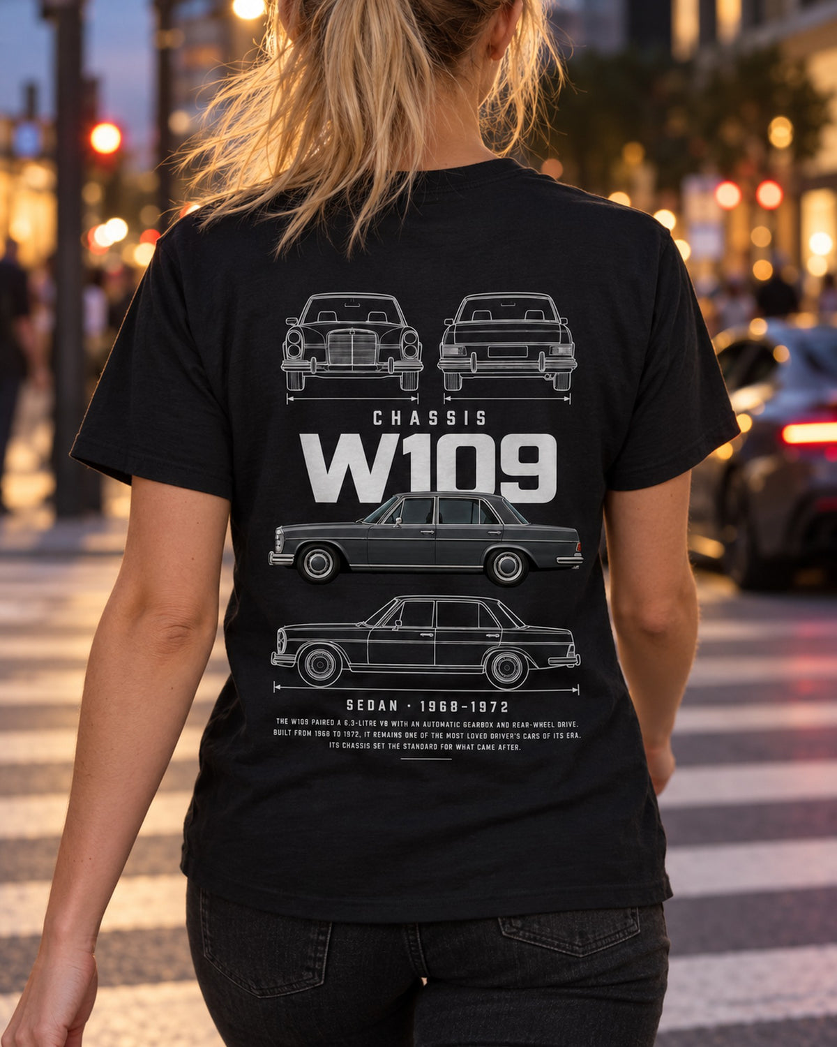 Mercedes 300 SEL 6.3 sedan Blueprint Full-Back Graphic Tee, W109 Chassis Code T-Shirt Black worn hero