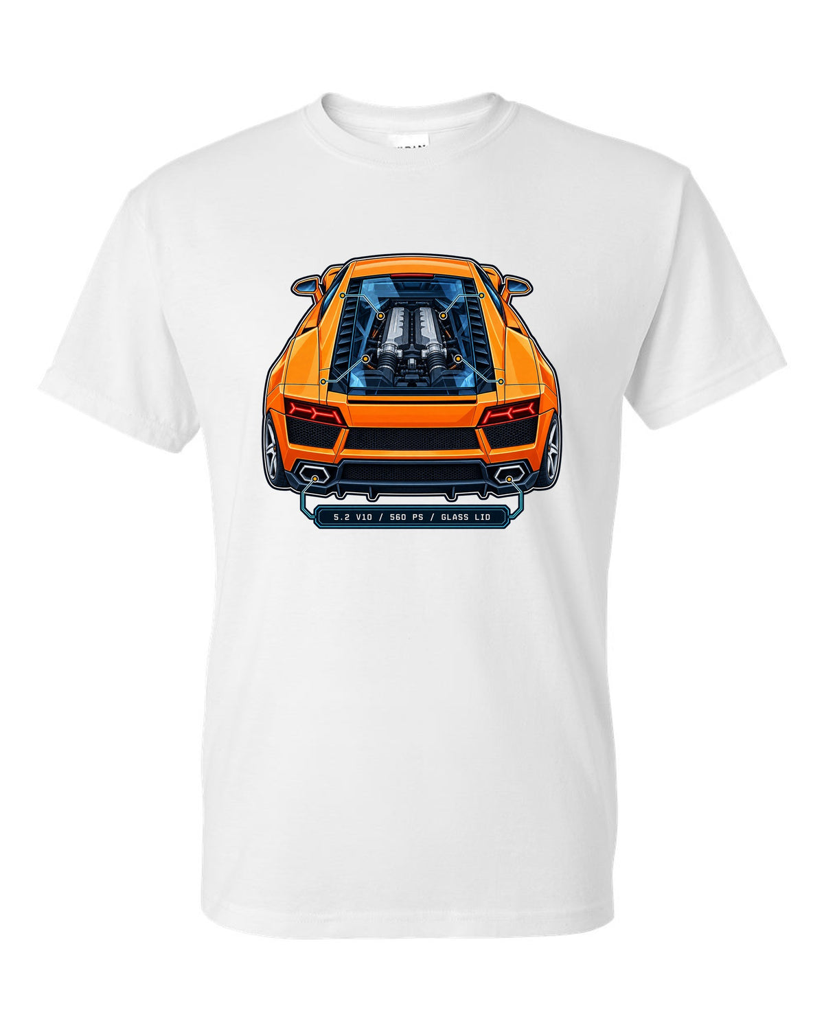 Patent-style technical drawing of a Lamborghini Gallardo LP560-4 with V10 under glass white t-shirt front view with the design