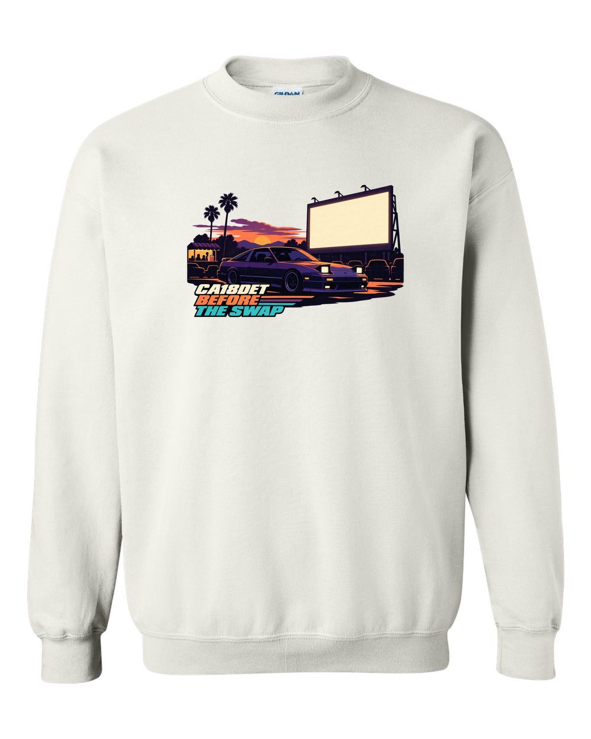 Flat vector drive-in print of a Nissan 180SX S13 with CA18DET before the swap lettering white crewneck front view with the design