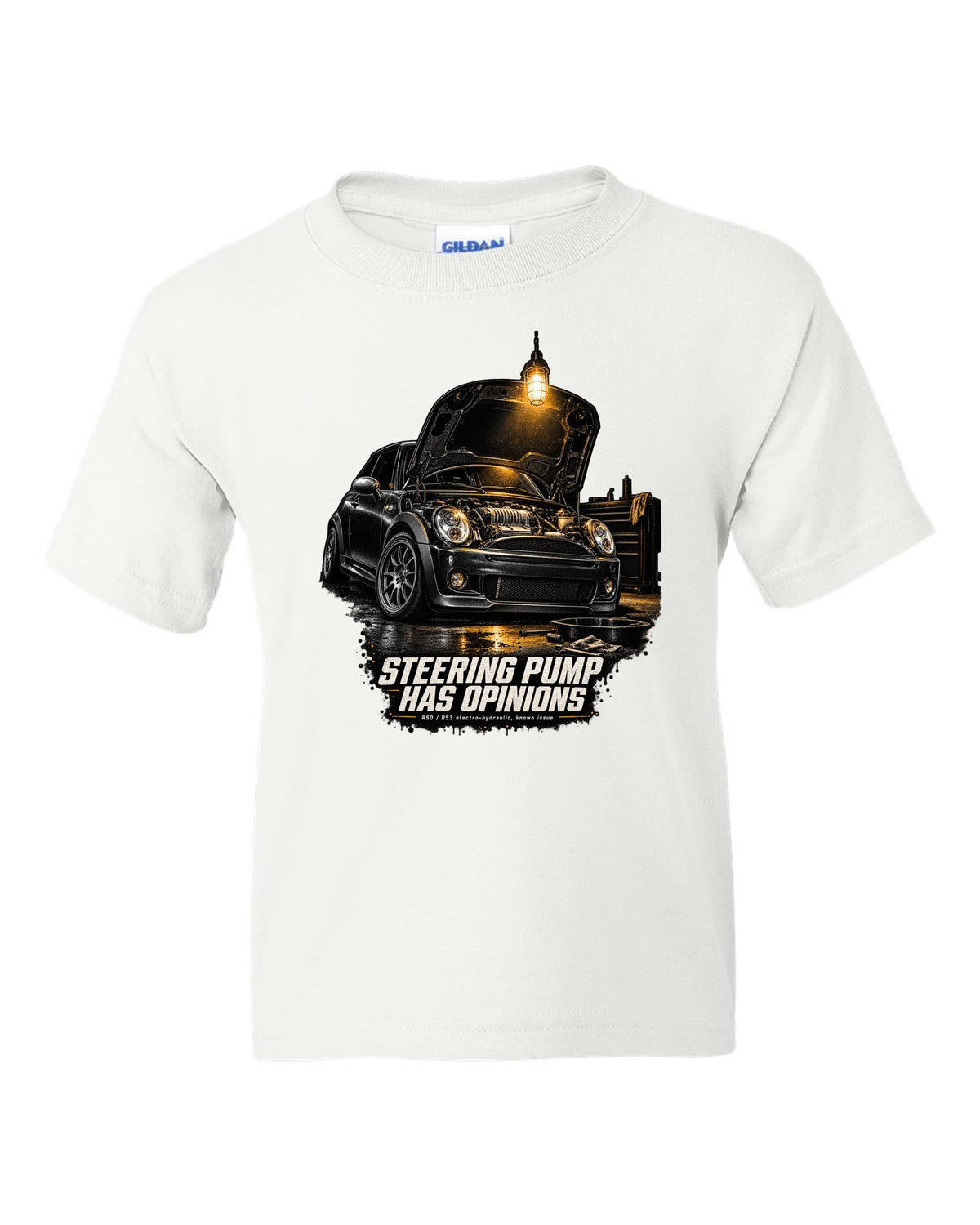 Mini Cooper S R53 garage night print with bonnet open and steering pump text white kids tee front view with the design
