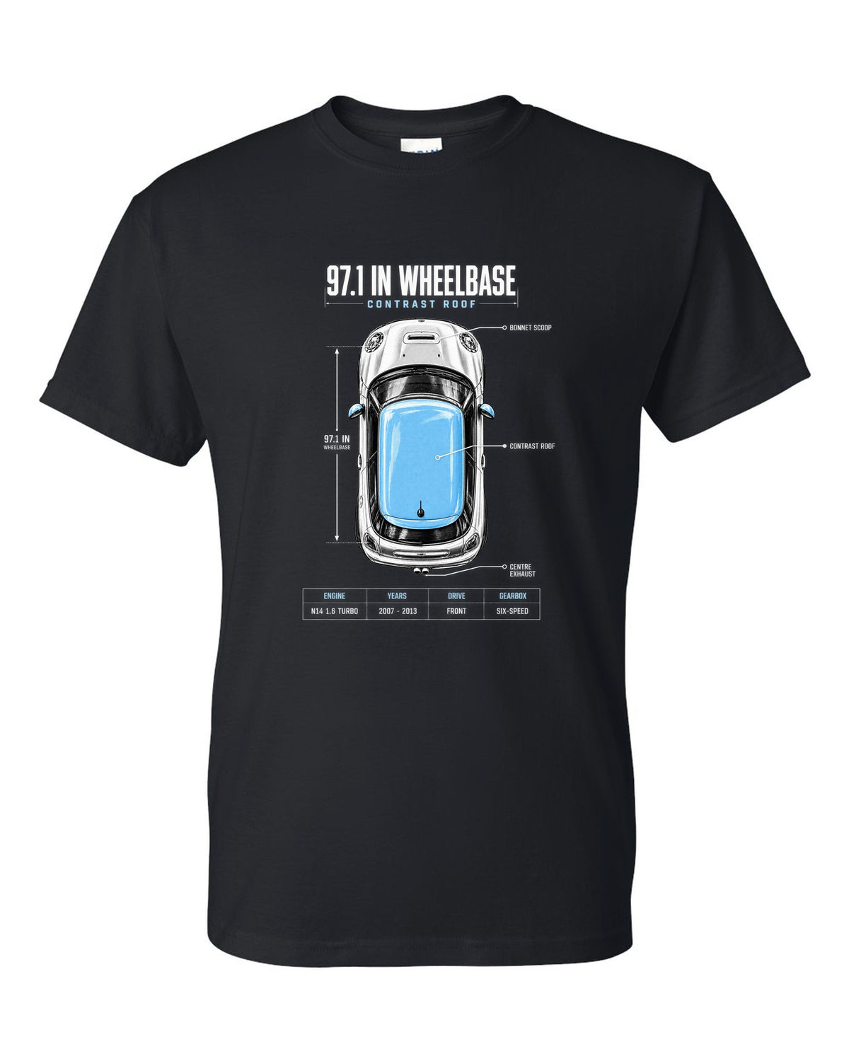Top-down plan view of a Mini Cooper S R56 on a spec poster print with wheelbase text black t-shirt front view with the design