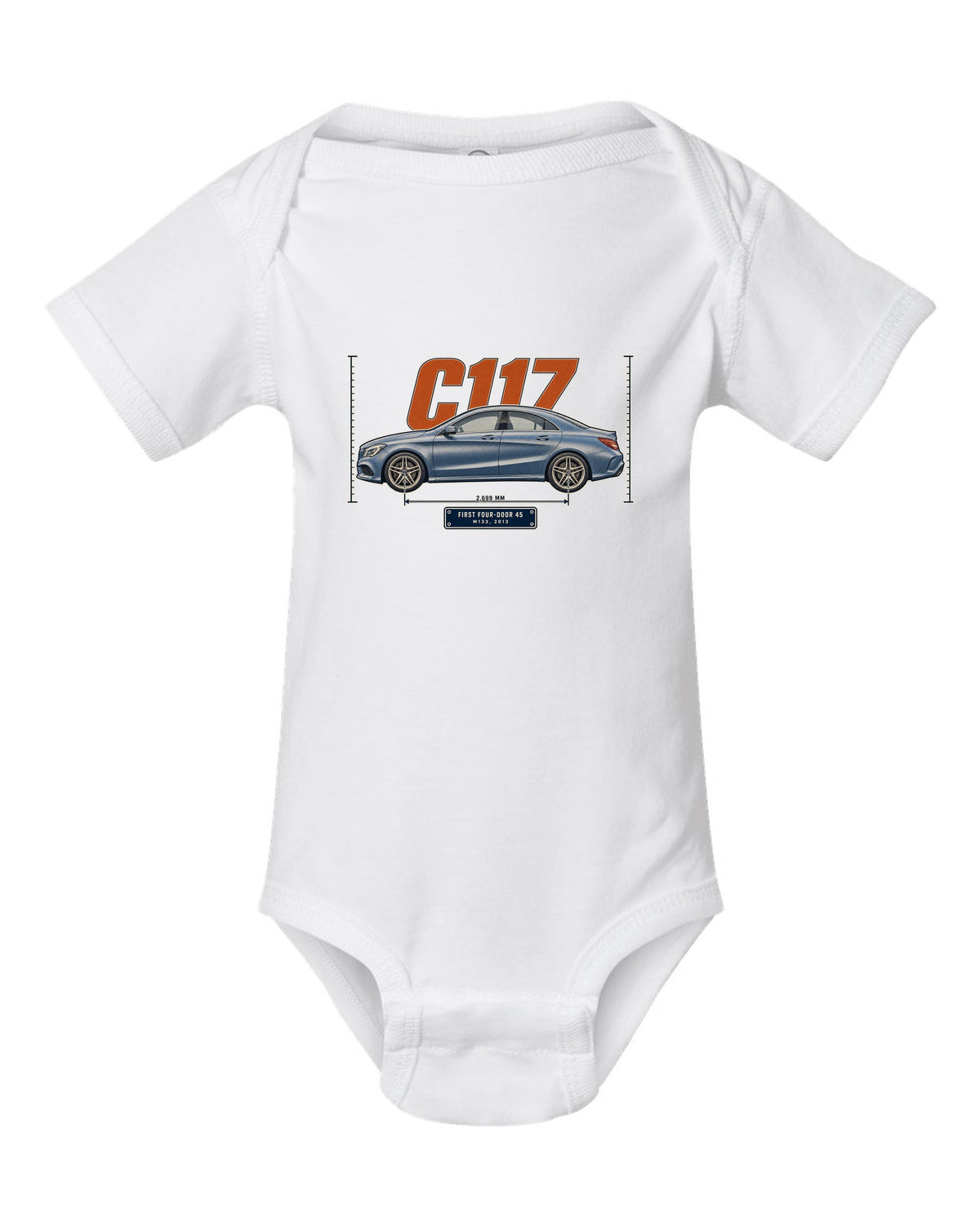 Mercedes-AMG CLA 45 C117 sedan halftone print white baby onesie front view with the design
