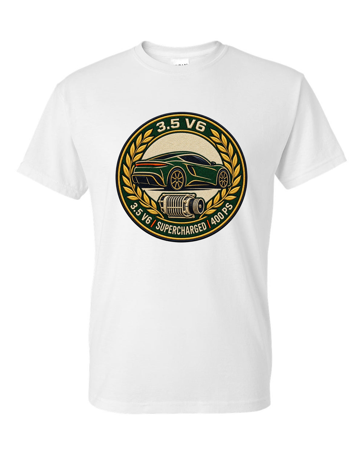 Lotus Emira varsity crest with 3.5 V6 SUPERCHARGED 400 PS lettering white t-shirt front view with the design