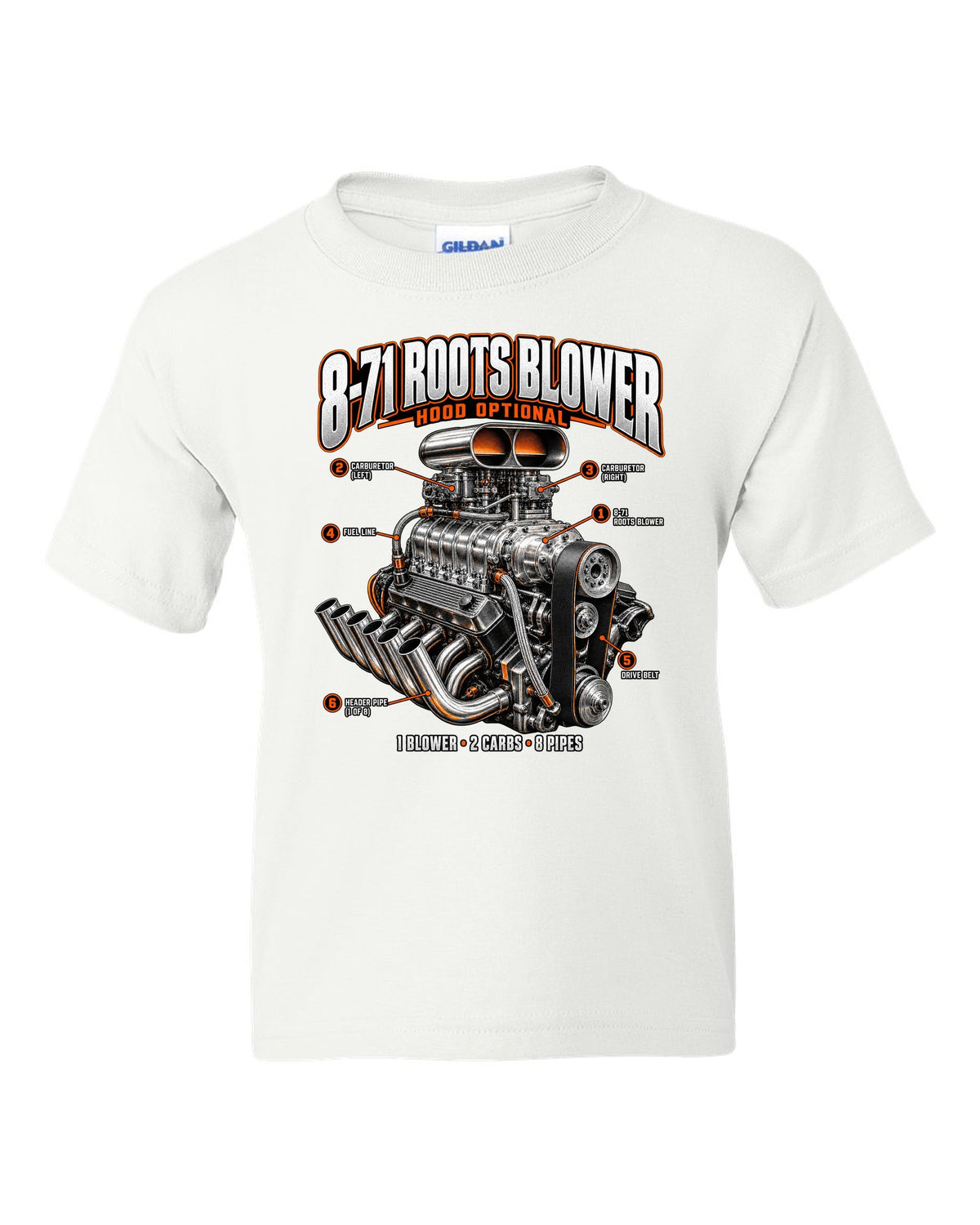 Engine callout print of a blown small-block V8 with 8-71 Roots blower white kids tee front view with the design