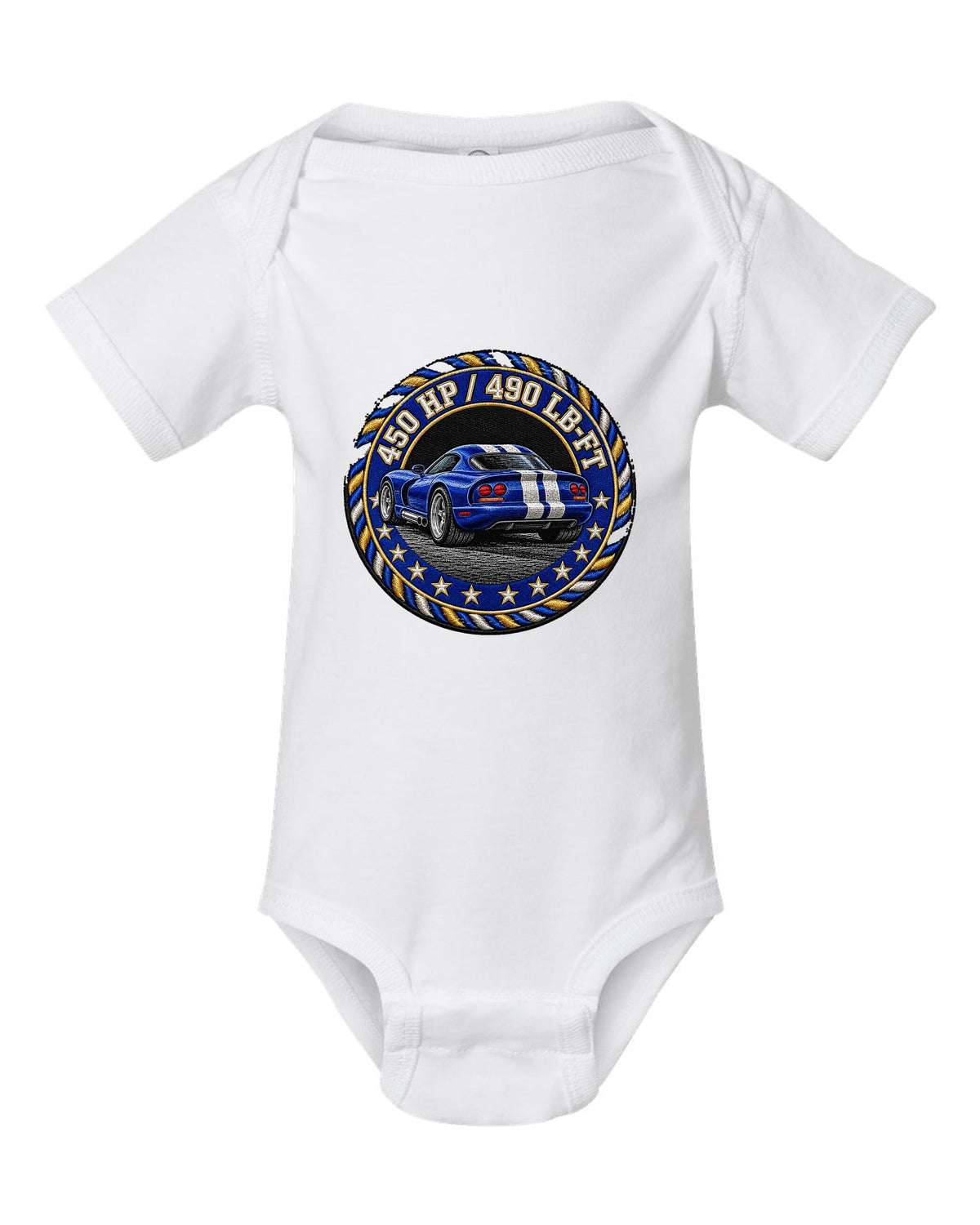 Blue embroidered varsity crest design for a 1996 Dodge Viper GTS SR II white baby onesie front view with the design