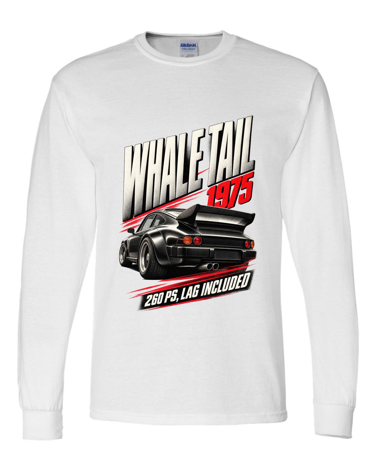 Race poster print of the 1975 Porsche 911 Turbo 3.0 (930) with whale tail and 260 PS text white long sleeve front view with the design