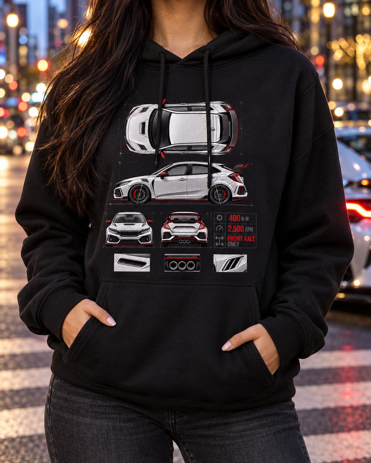 Honda Civic FK8 Type R Three Pipes Spec Poster Shirt, 2018 Pull Over Hoodie Black worn hero