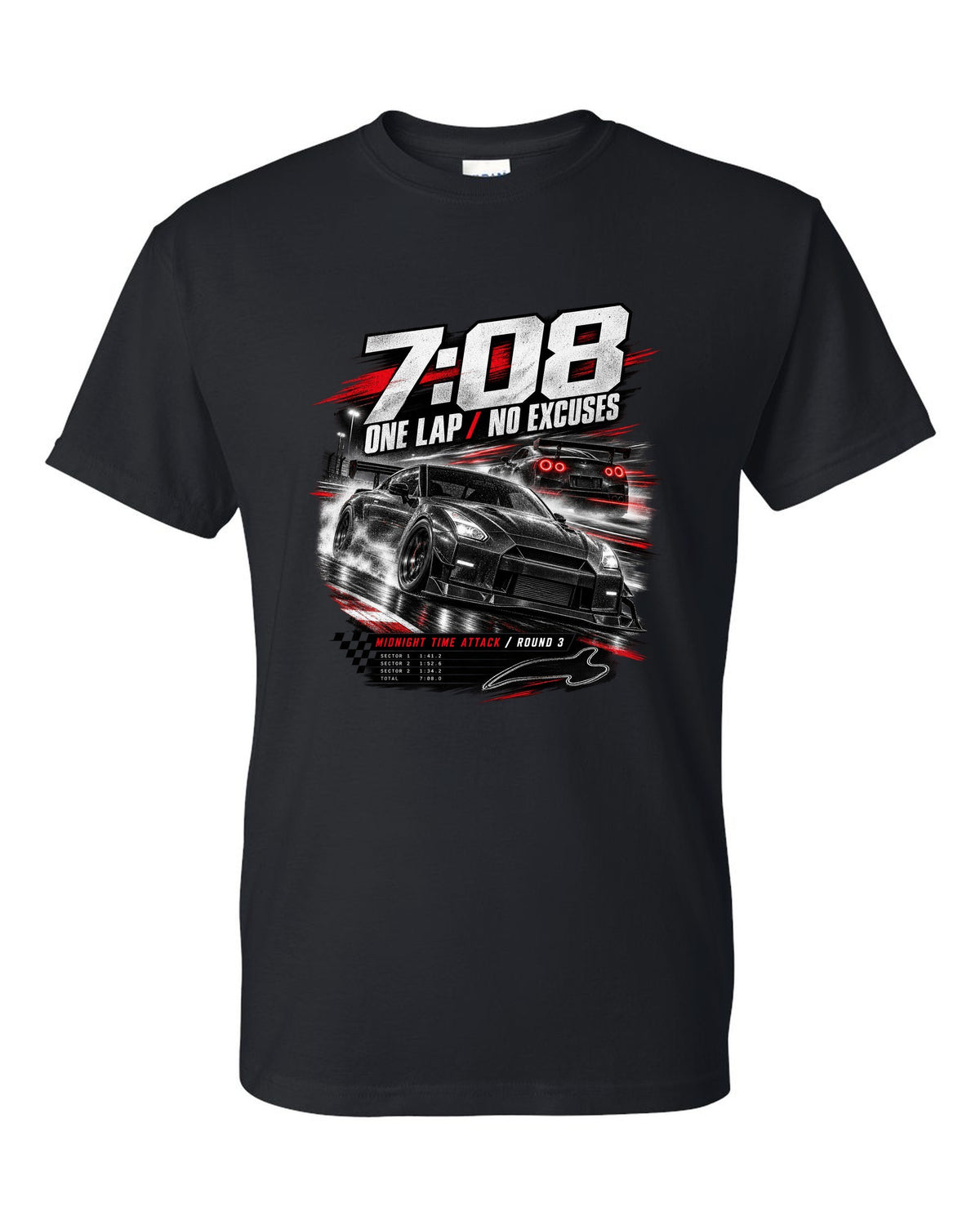 Race poster of a Nismo-style Nissan GT-R R35 with 7:08 one lap and Midnight Time Attack lettering black t-shirt front view with the design