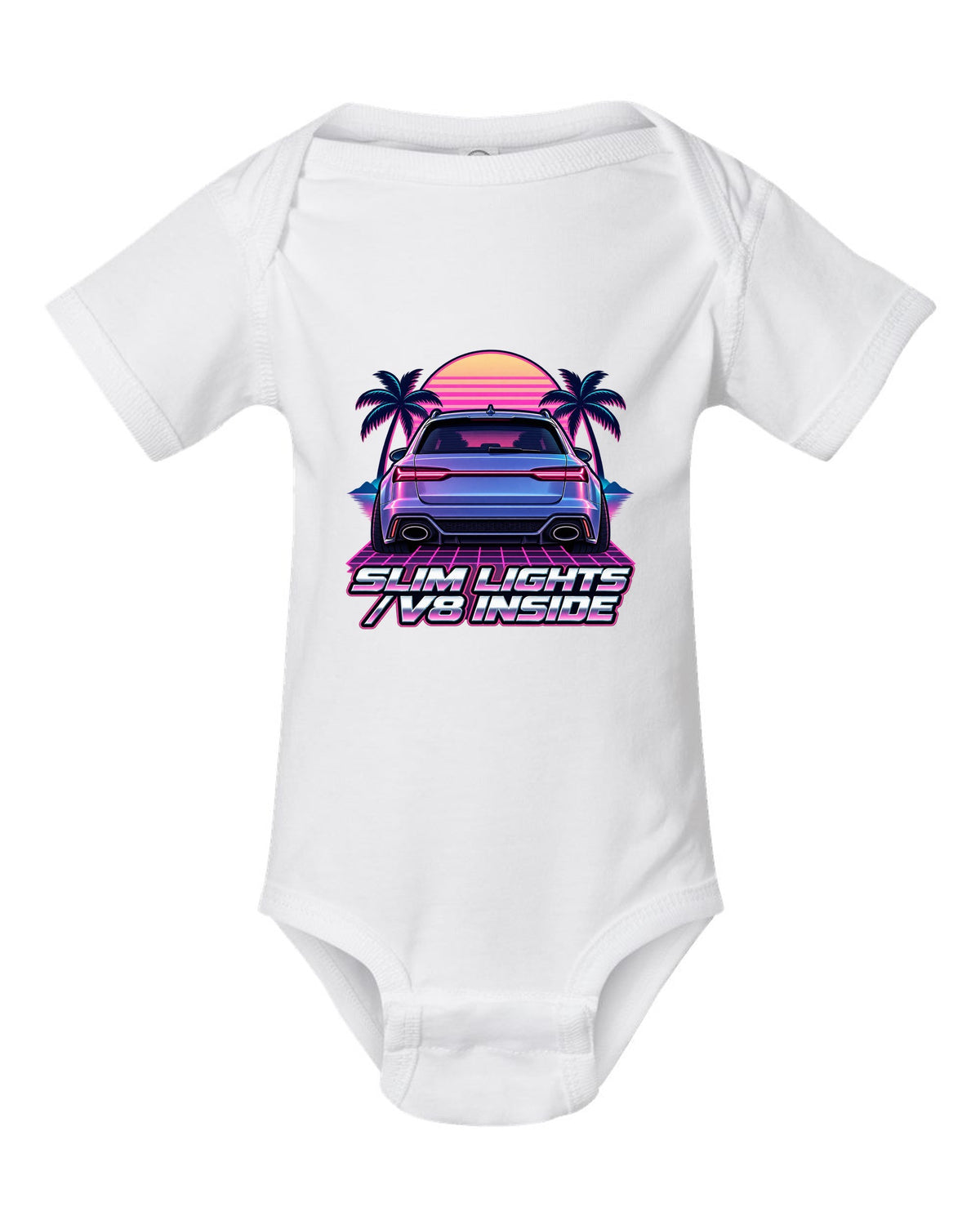 Pastel vaporwave design of the Audi RS6 Avant C7 4G with slim lights V8 inside lettering white baby onesie front view with the design