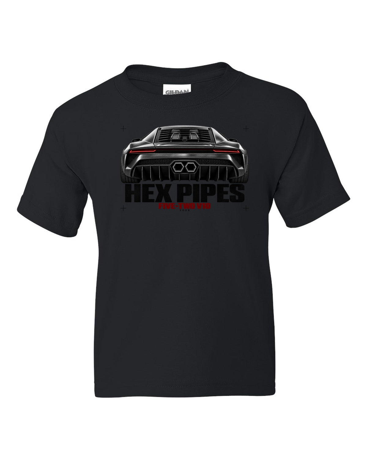 Exhaust macro print of a Lamborghini Gallardo LP560-4 with Hex Pipes and Five-Two V10 text black kids tee front view with the design