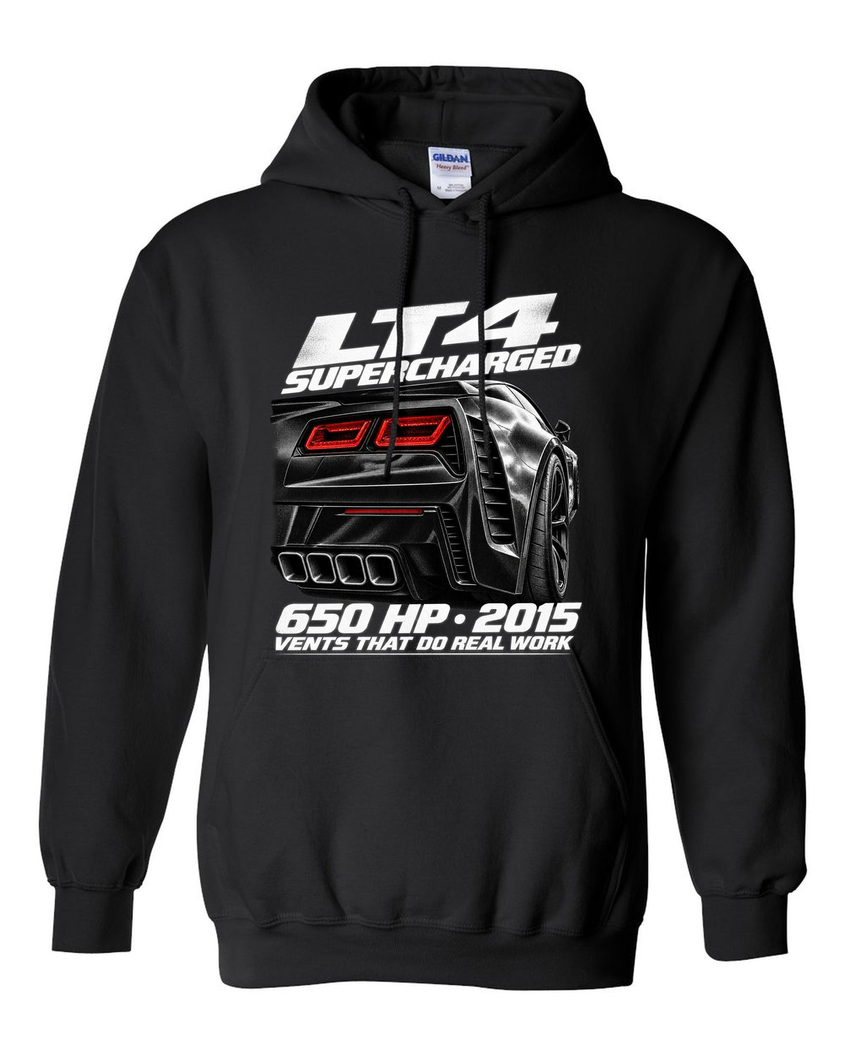 Corvette C7 Z06 rear vents close-up with LT4 650 HP text black pull over hoodie front view with the design