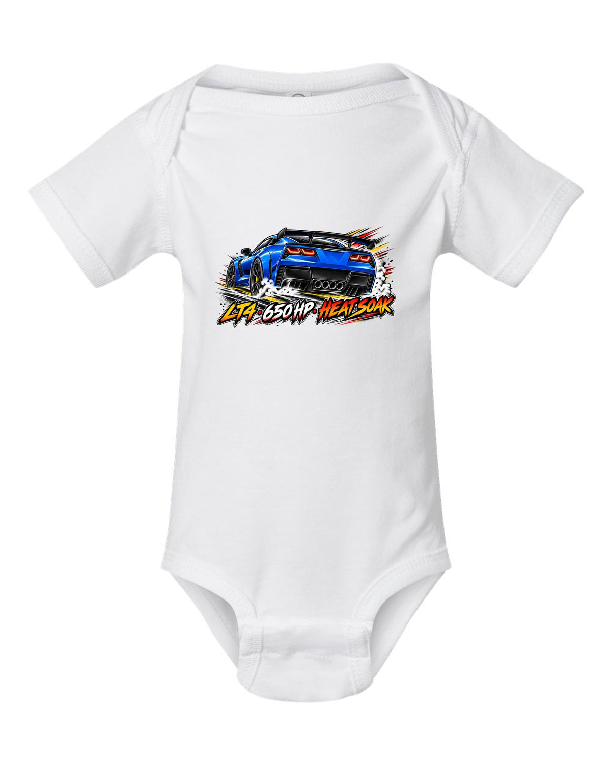 Retro manga halftone panel print of a 2016 Chevrolet Corvette C7 Z06 with LT4 650 HP heat soak lettering white baby onesie front view with the design