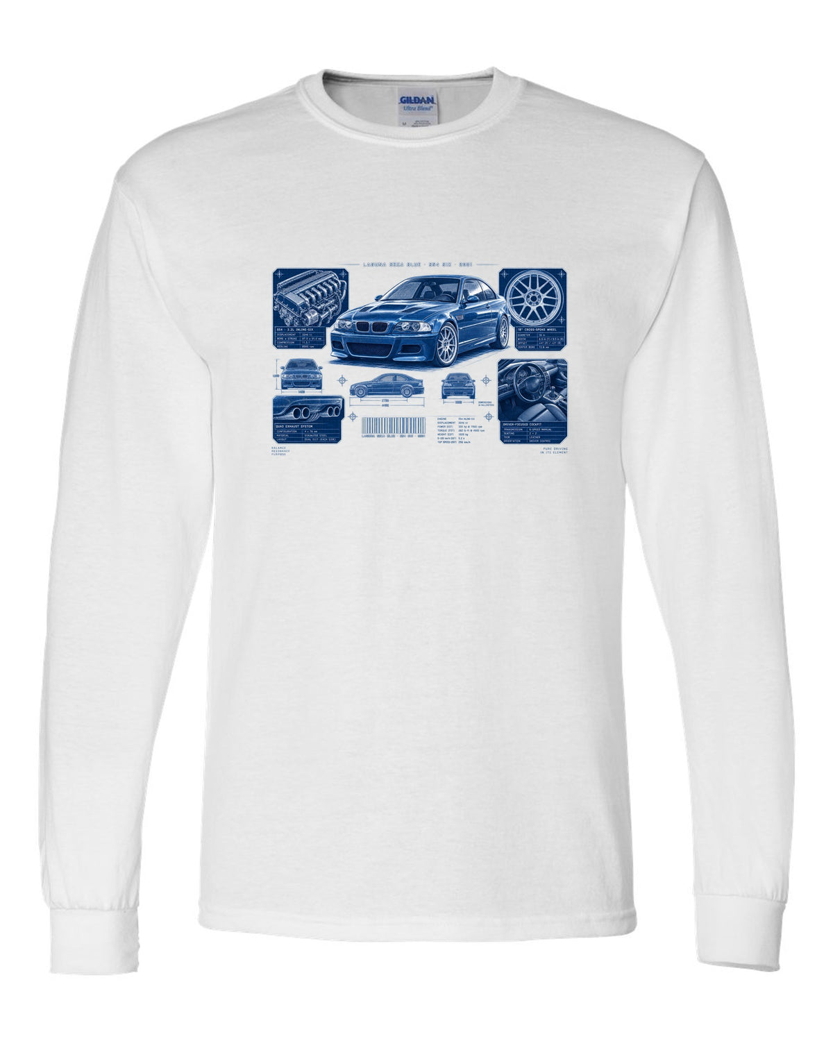 BMW E46 M3 coupe dossier panel print with Laguna Seca Blue S54 six and 2001 text white long sleeve front view with the design