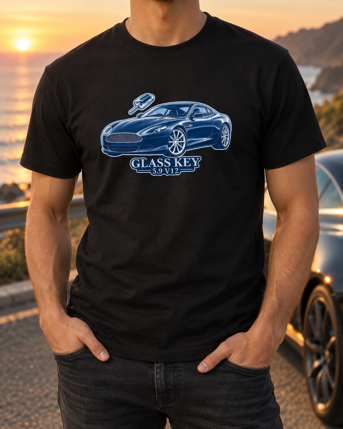 Aston Martin V8 Vantage Anime Rain Touge Cel Shirt T-Shirt Black worn hero