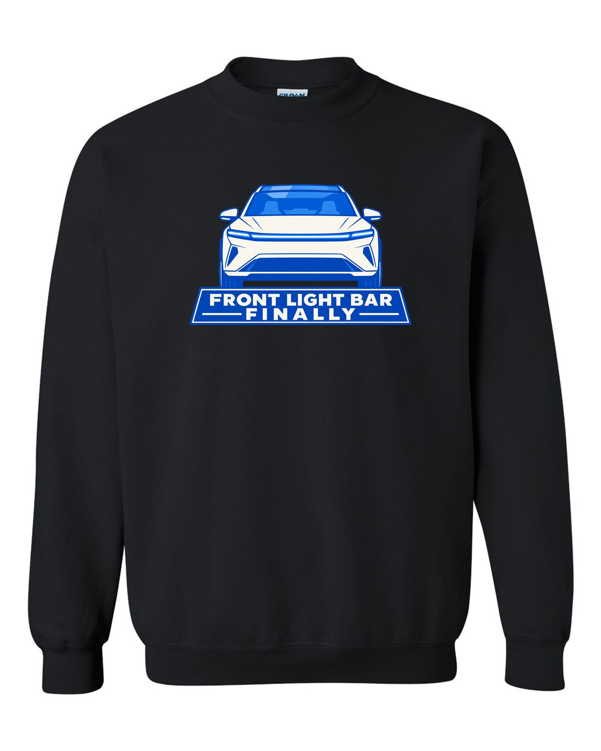 Minimal geometric flat vector print of a Tesla Model Y Juniper with the text Front Light Bar Finally black crewneck front view with the design