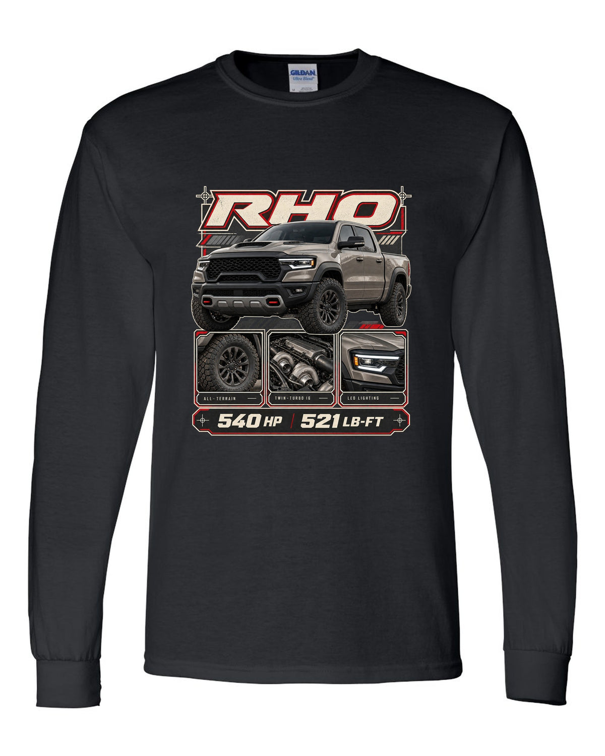 Ram 1500 RHO 2025 dossier panels with horsepower and torque print black long sleeve front view with the design